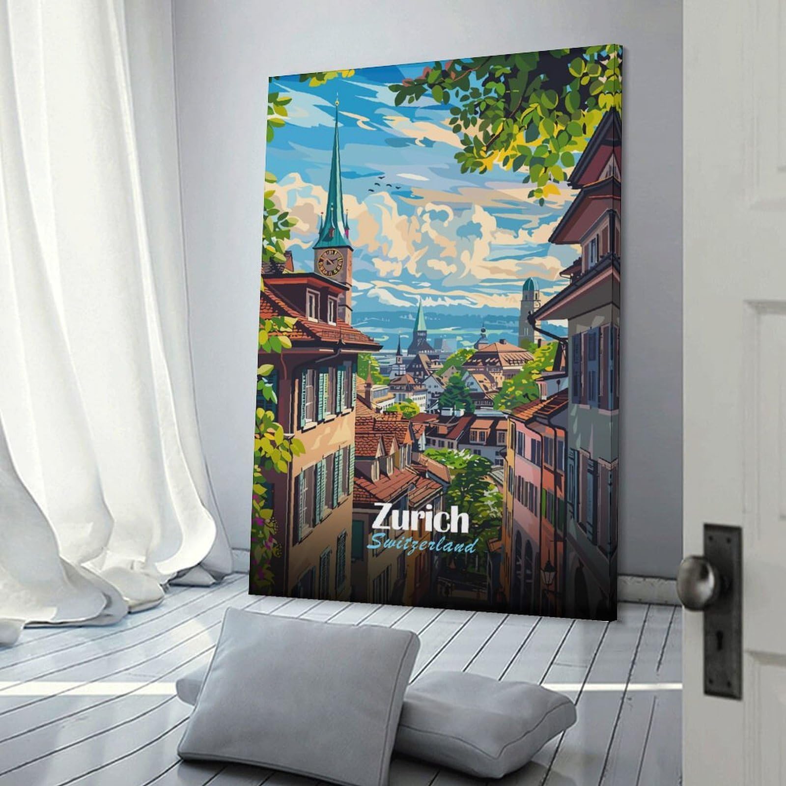 Junmoney Zurich, Switzerland Cityscape Art Home Decor Wall Art 20x30inch(50x75cm), for Home, Office, Studio Or Guest Room, Canvas Wall Art That Fits Changing Layouts