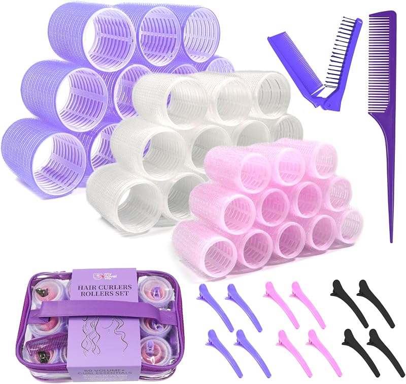 Juego de 50 rulos para rizadores de pelo con 36 rulos para el pelo | 3 tamaños (12 grandes, 12 medianos, 12 pequeños) para rizadores de volumen con 12 clips y peines para cabello largo, corto y mediano