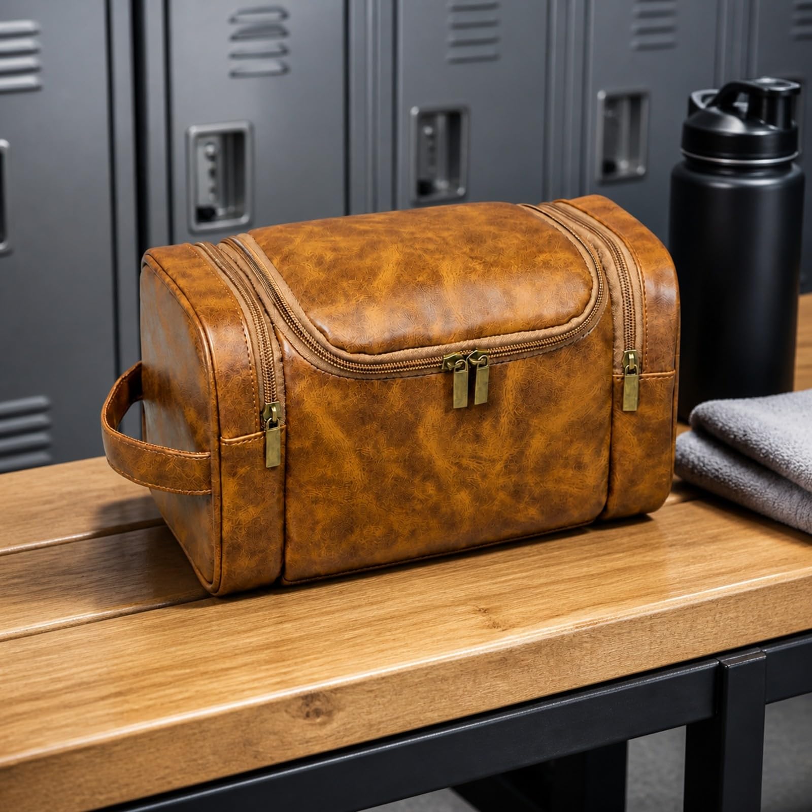 Herren-Kulturbeutel aus PU mehrere Fächer dreilagige Reisewaschtasche praktisch Reise-Kulturbeutel mit Doppelreißverschluss für, Fitnessstudio, Gelb-