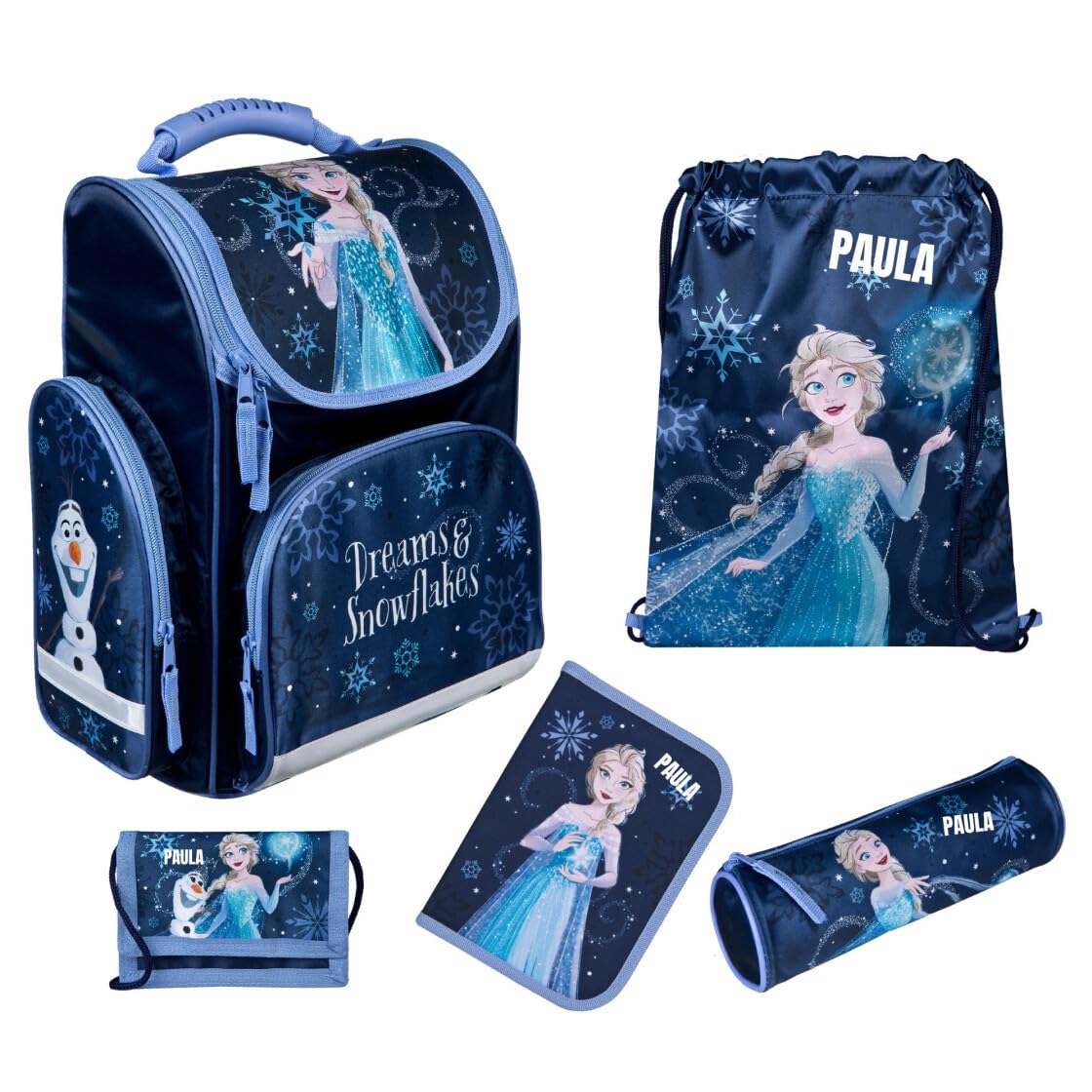 Undercover Juego de mochila escolar de 1ª clase, contenido personalizado con nombre, mochila escolar para niños y niñas, Frozen (Navy Dark Blue), 5-teilig, Juego de mochila escolar
