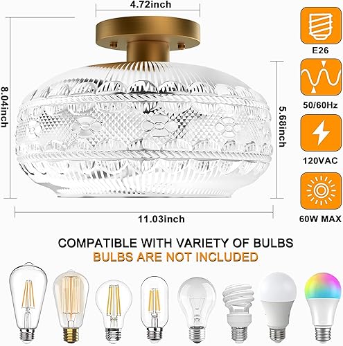 Miniatura 4 de Lámpara de techo semiempotrada grande de 11 pulgadas, lámpara de cristal de globo dorado, accesorios de luces vintage para pasillo, iluminación de