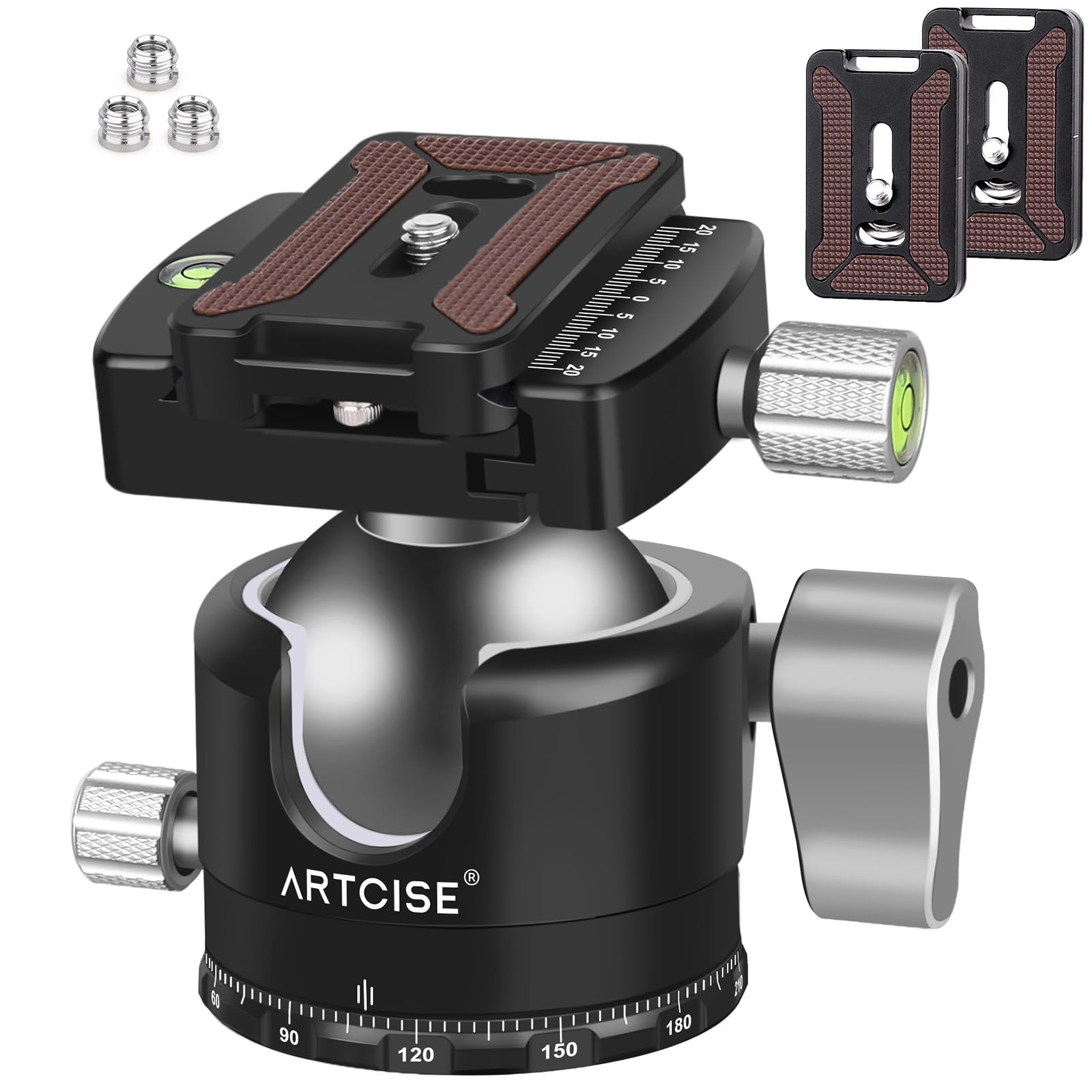 - ARTCISE 2.0 inches (50 mm) Low Center of Gravity Ball Head Lightweight CNC Aluminum Tripod Head, Arca-Swiss Compatible, Quick Release Plate, U-Shaped Slot, High Load Capacity, Level Included, Spare