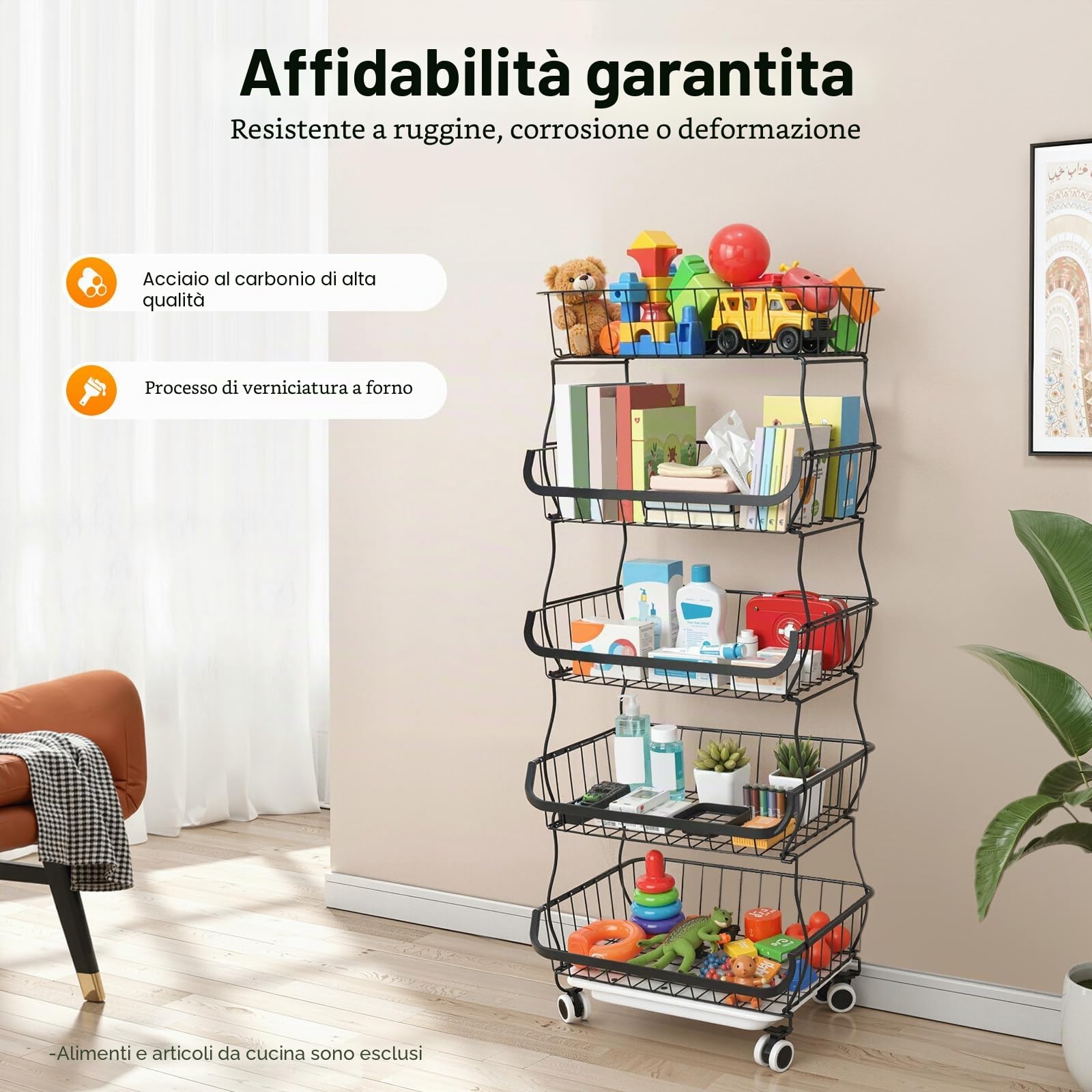 Scaffale da cucina a 5 ripiani, con ruote, cestino per frutta e verdura, impilabile in filo metallico con ruote, cestino per prodotti per scaffalatura, carrello per dispensa, carrello per