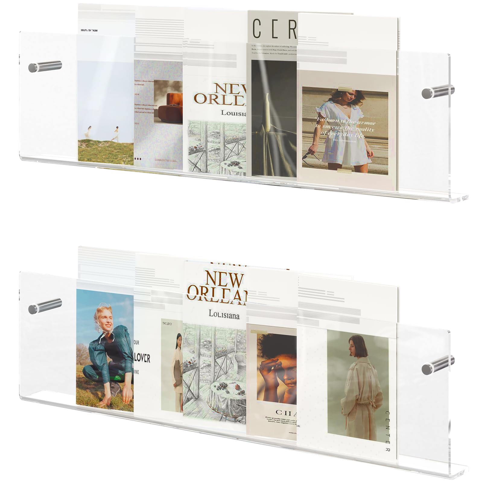 Soporte acrílico para revistas, paquete de 2 estantes colgantes para revistas, soporte flotante montado en la pared para sala de espera, oficina, hogar (transparente, 24 pulgadas)
