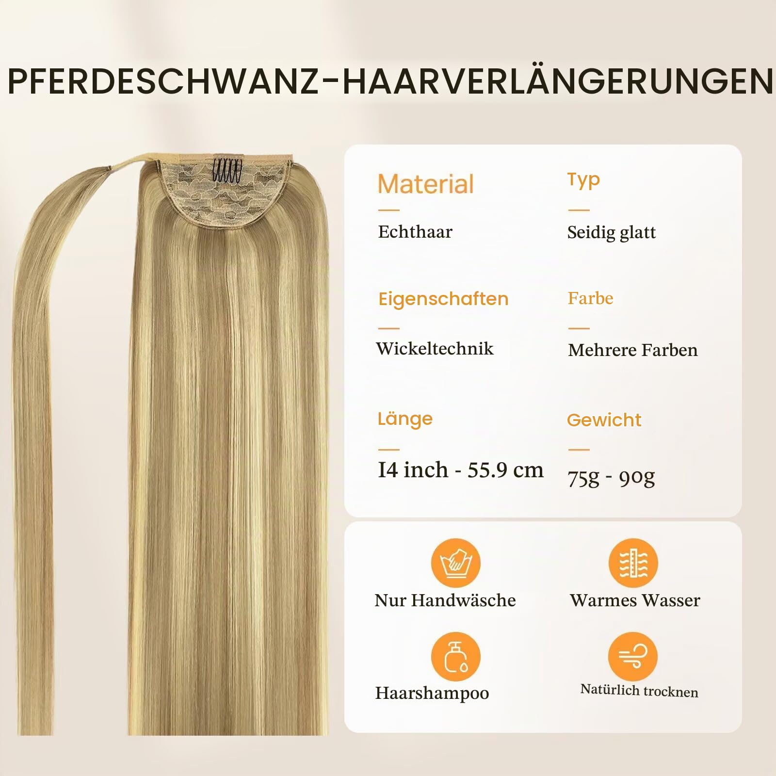 DOORES Pferdeschwanz Haarteil, Hellblond Highlights Goldblond 35cm 75g, Ponytail Extension Gerade Extensions Zopf Clip in Wickeln Sie um Remy Ponytail Echthaar Glattes Magic Paste | Haarverlängerung zum Anklippen, natürliches Echthaar, 75 g, Balayage, Hel