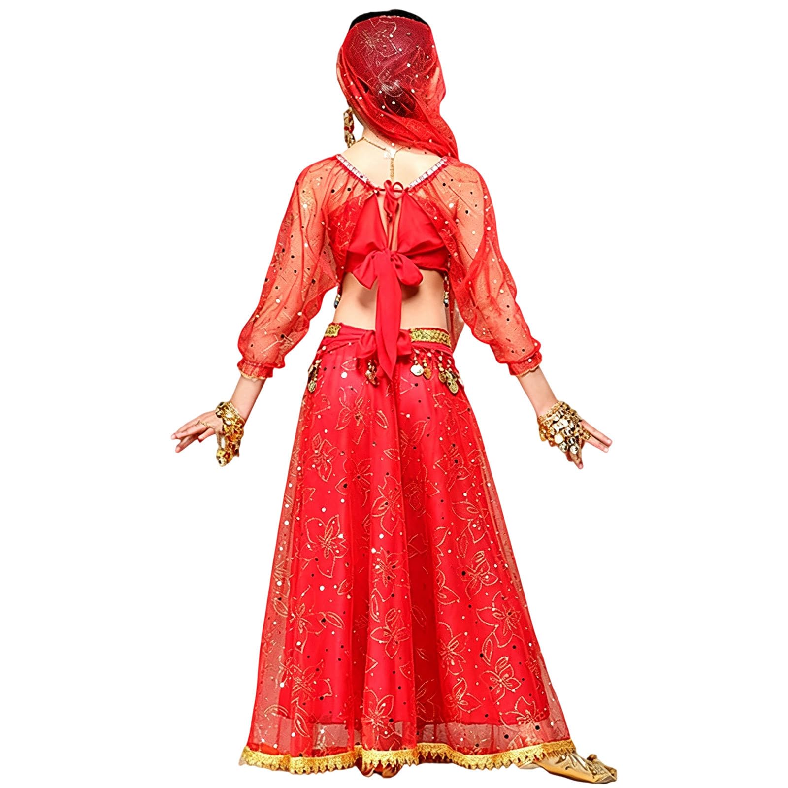 Costume Danza del Ventre in Stile Xinjiang, Gonna Dorata a Maniche Corte, per spettacoli e Feste Etniche.