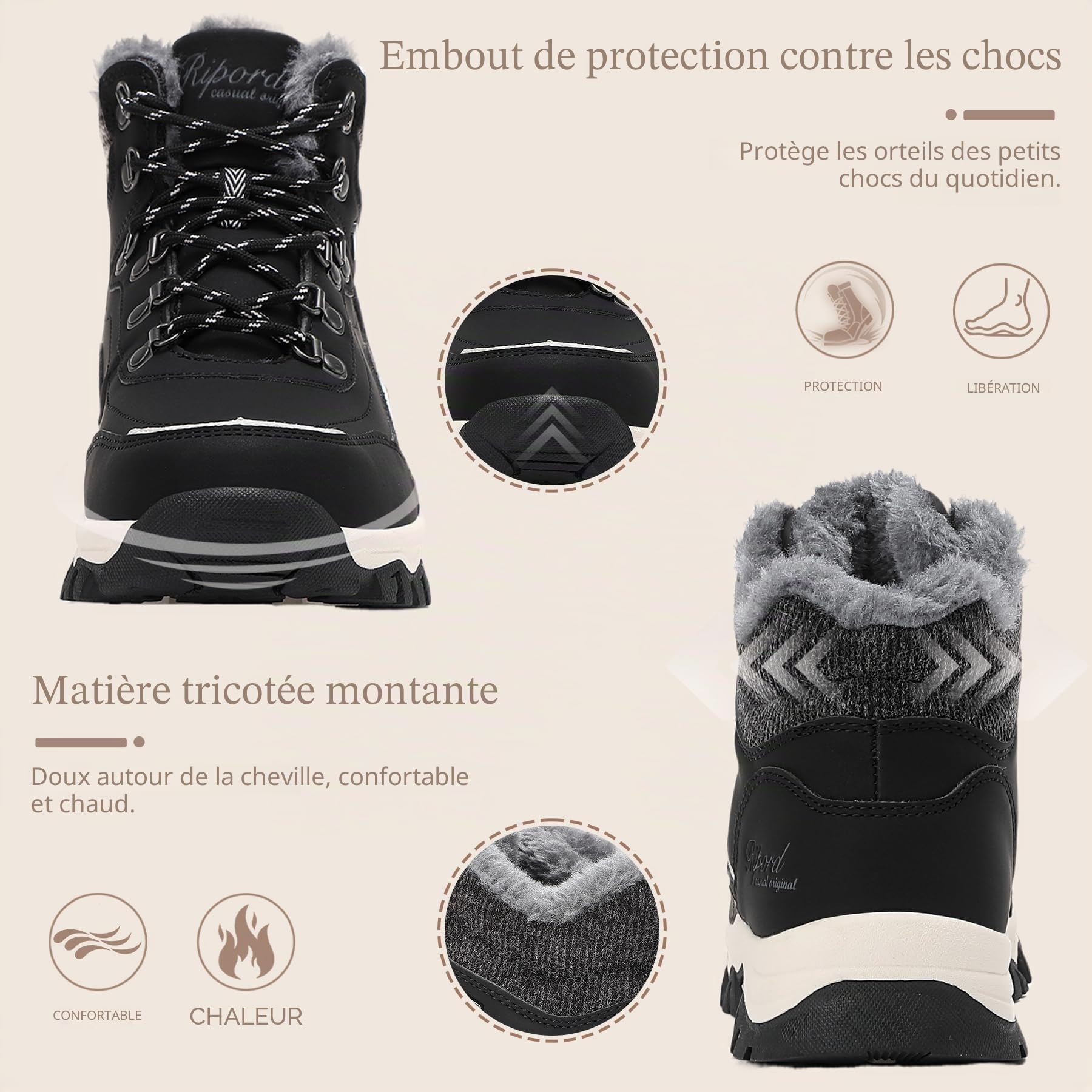 Bottes de Neige Femme Hiver Bottines Fourrées de Randonnée Boots 36-41 | Bottes d'hiver unisexes imperméables avec doublure en fourrure chaude pour le travail en plein air et les voyages