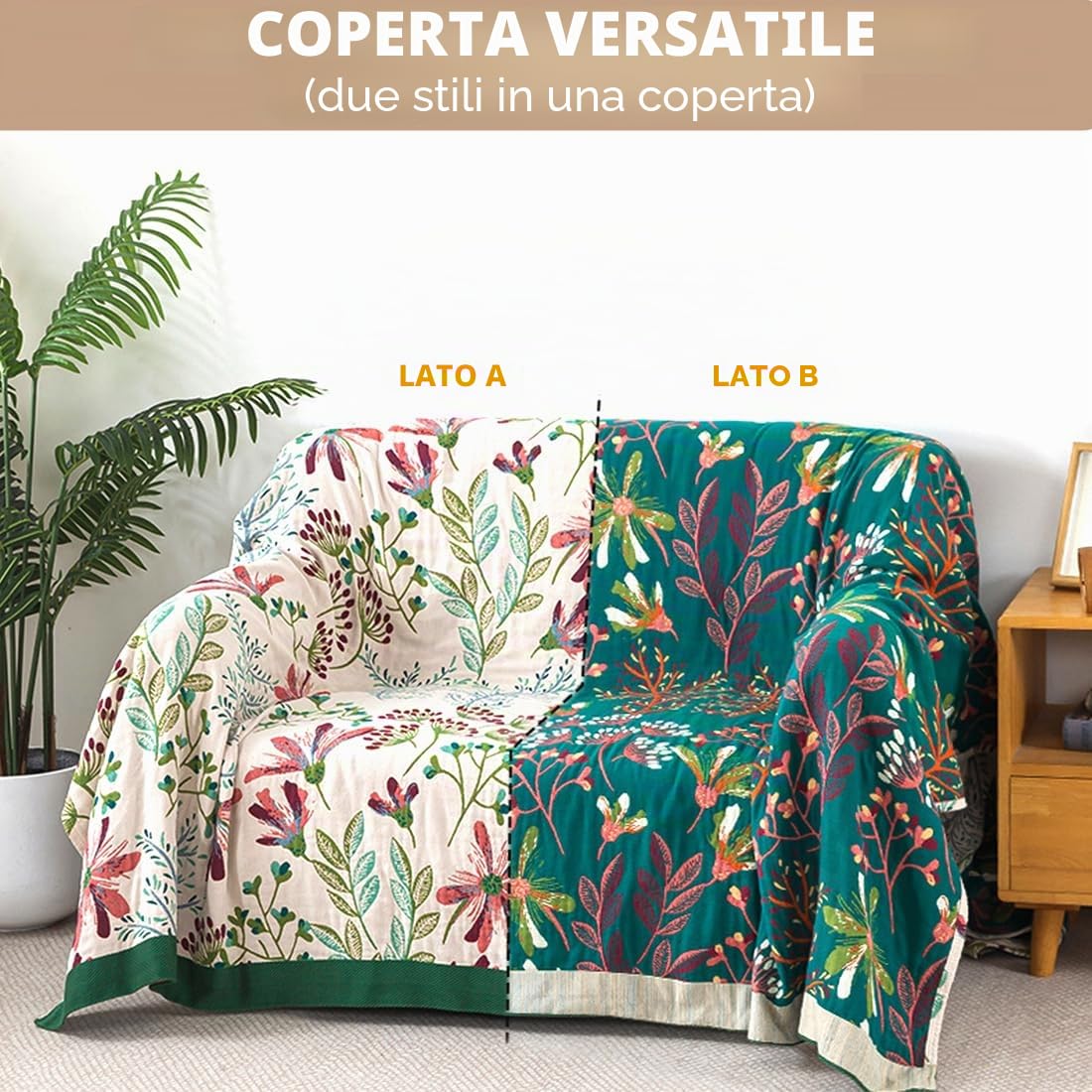 Plaid Divano Cotone Floreale Coperta Boho per Divano Coperta Cotone Matrimoniale Copriletto Matrimoniale 200x230cm, Foglia-Bianco