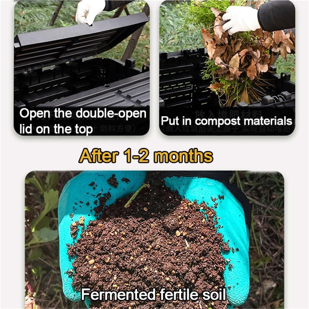 Sequence of images showing opening the lid, adding compost materials, and resulting fermented soil