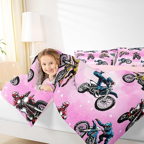 Miniatura 5 de Erosebridal Juego de edredón de motocross para niños, adolescentes, juego de ropa de cama de deportes extremos para niñas, edredón acolchado de