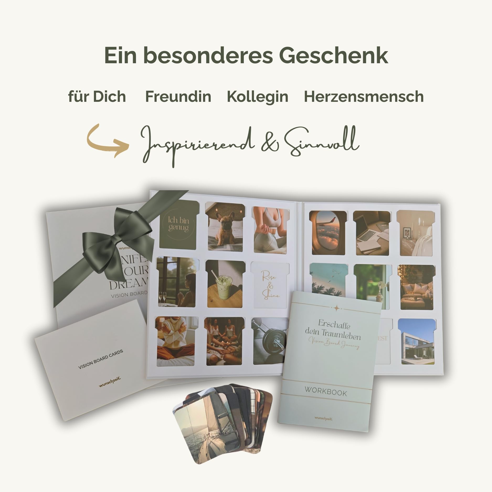 Vision Board Set – 200 Bildkarten & Affirmationen zum Manifestieren – inkl. 24 Seiten Workbook für Ziele, Klarheit & Motivation – Geschenkidee für Frauen