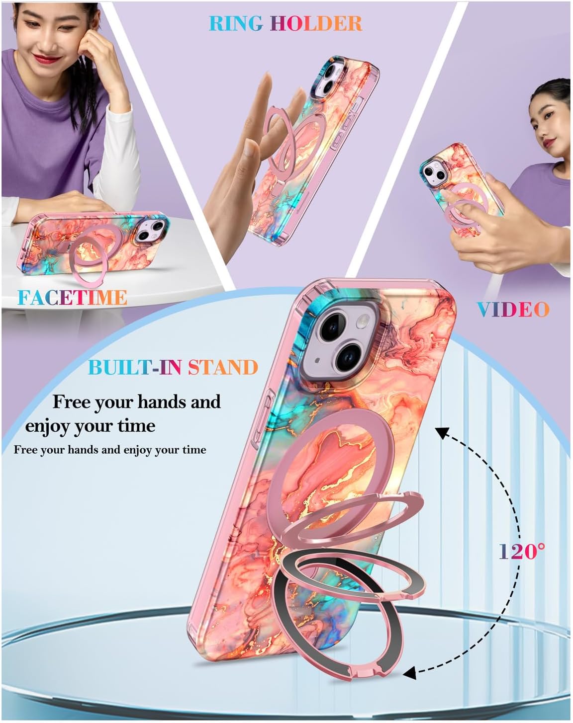for iPhone 13 & iPhone 14 Case, [Compatible with MagSafe] [Magnetic Invisible Ring Stand], Shockproof Protective Slim Fit for Women Girl for iPhone 13/14 Case, Rose Gold Marble - Image 2