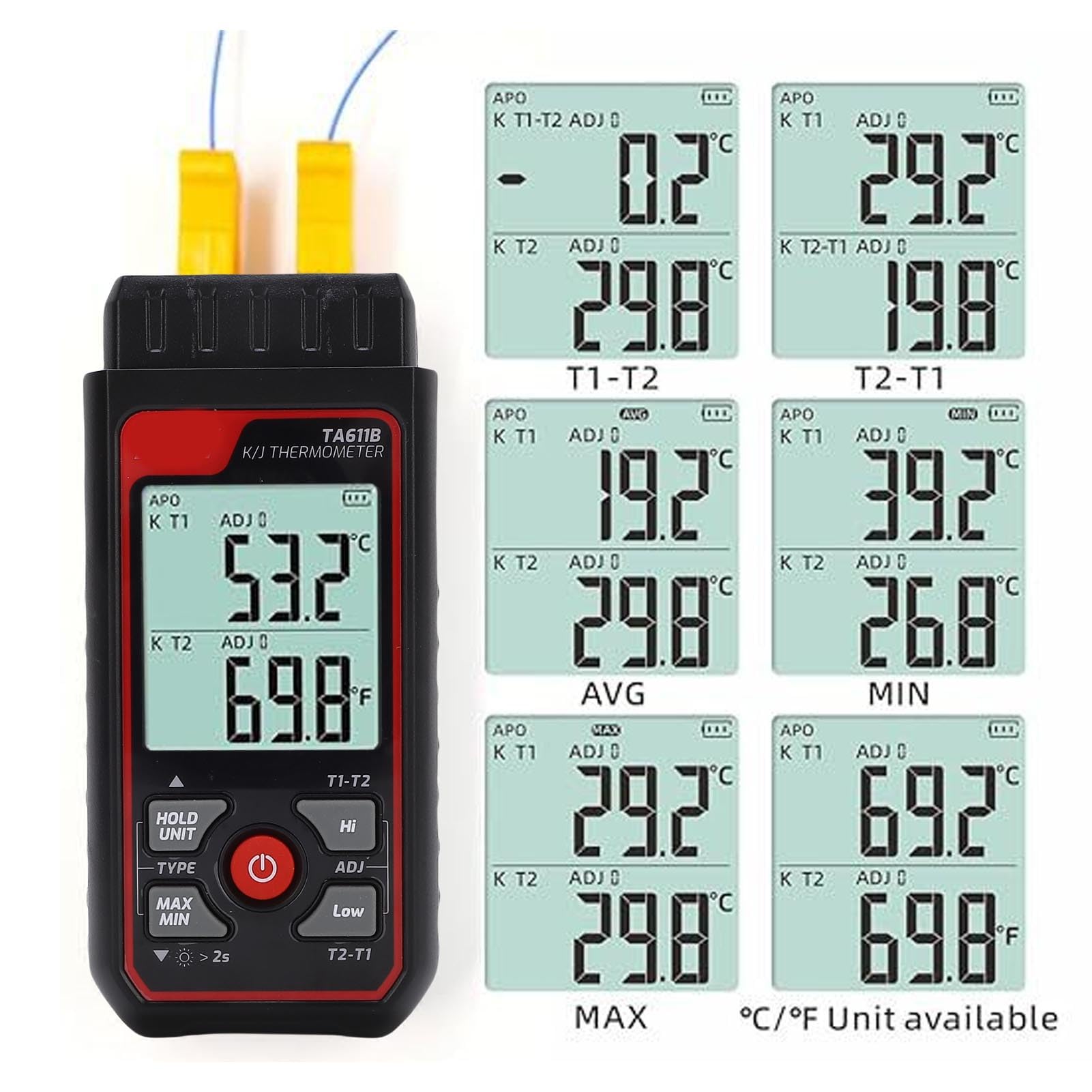 Termometro termocoppia, misuratore di temperatura digitale a doppio canale, per professionisti, in plastica e acciaio inossidabile