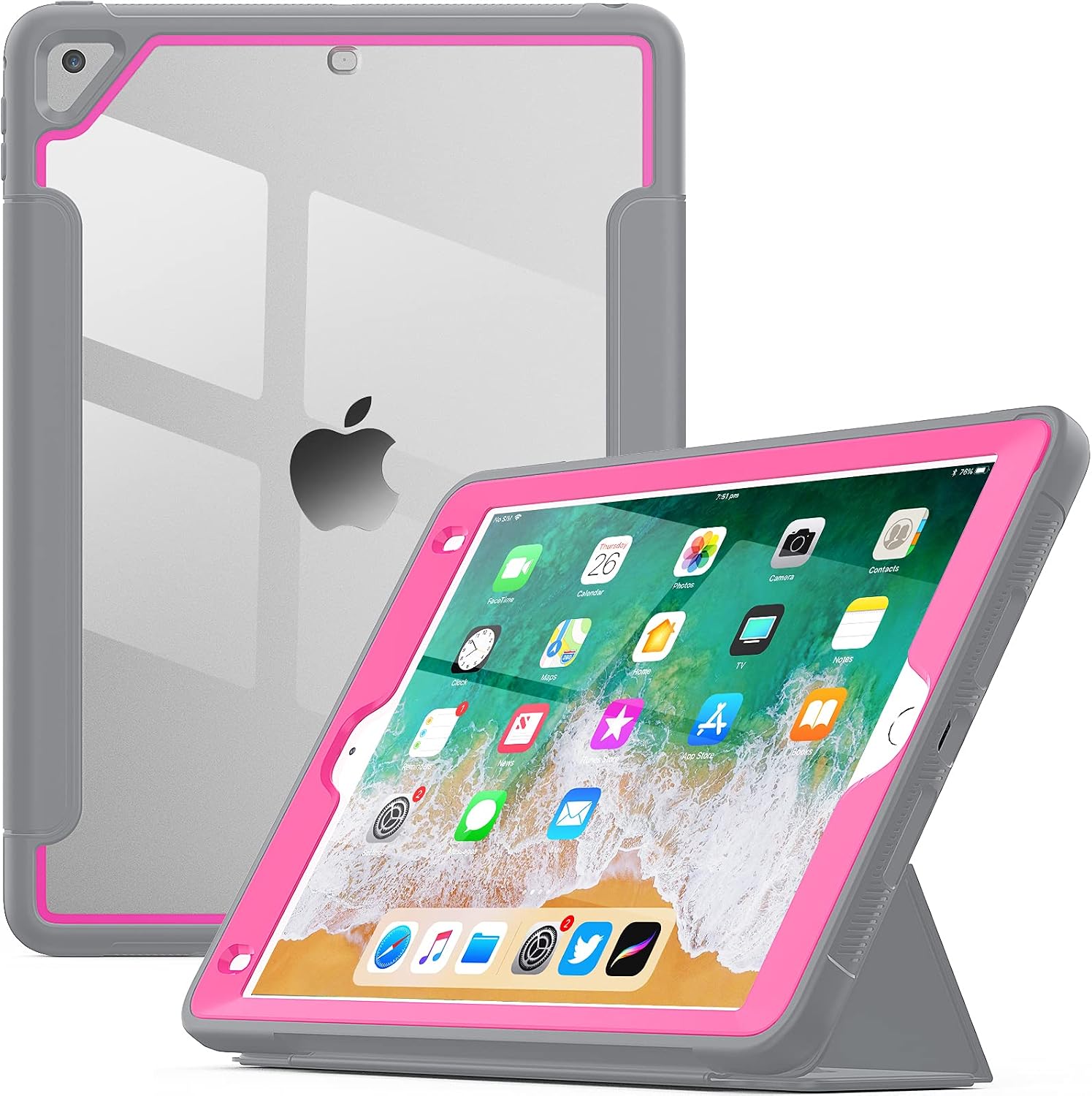 SEYMAC stock Case for iPad 6th/5th Generation, 3-Layer Smart Magnetic Auto Sleep/Wake Cover with [Clear Back] and [Screen Protector] Stand Feature for iPad 2017/2018 /Air 2/Pro 9.7 inch (Gray/Rose)