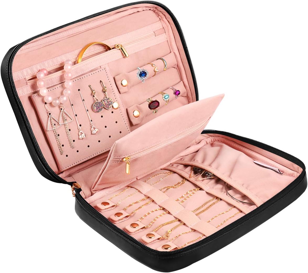 Cabilock Travel Jewelry Organizer Bag Multifunctional PU Leather Jewelry Storage Pouch Portable Lightweight Jewelry Case for Earrings, Necklace, Rings, Bracelets and More