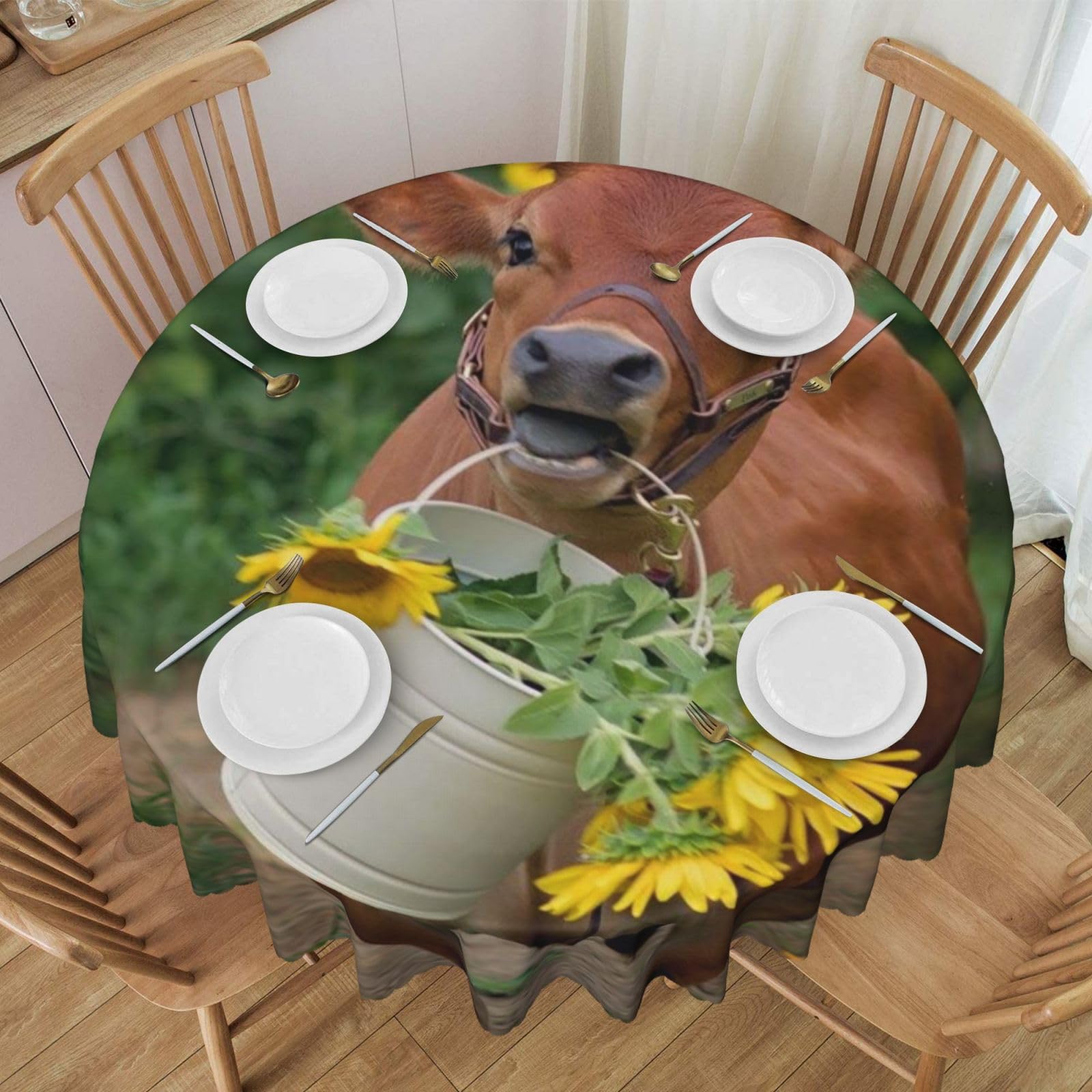 DCEHGEW 60 In Round Tablecloth with Lace, cow in sunflowers Printed Oilproof & Washable Fabric Picnic Table Cloth Table Covers
