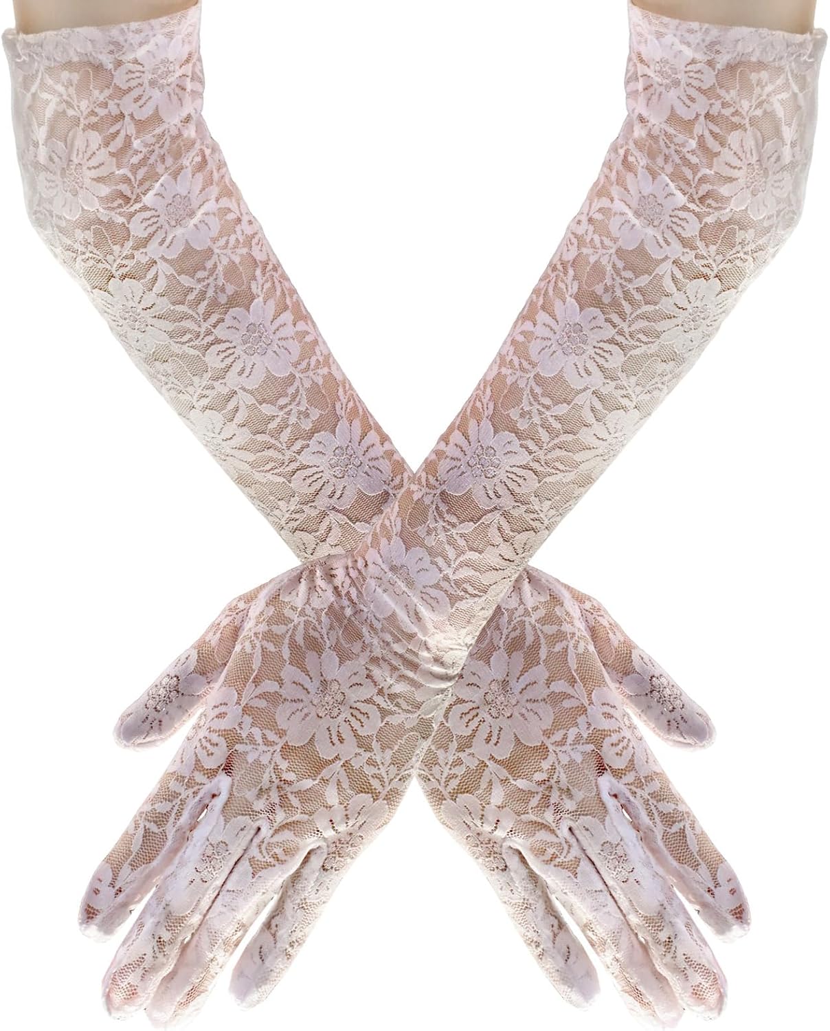 Sofeavo White Lace Gloves Women - Halloween Princess Costume Accessories, Elegant Floral Long Lace Gloves, 1920s Bridal Wedding Engagement Tea Party, Cosplay & Masquerade