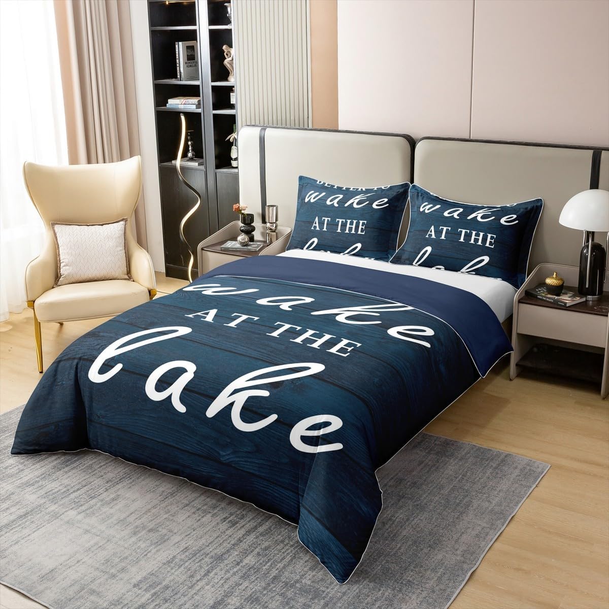 jejeloiu Welcome to Lake Cabin Duvet Cover 100% Cotton, Lake Rules Bedding Set,Lake Paddle Decor Navy Blue Bedspread Cover,Twin Size
