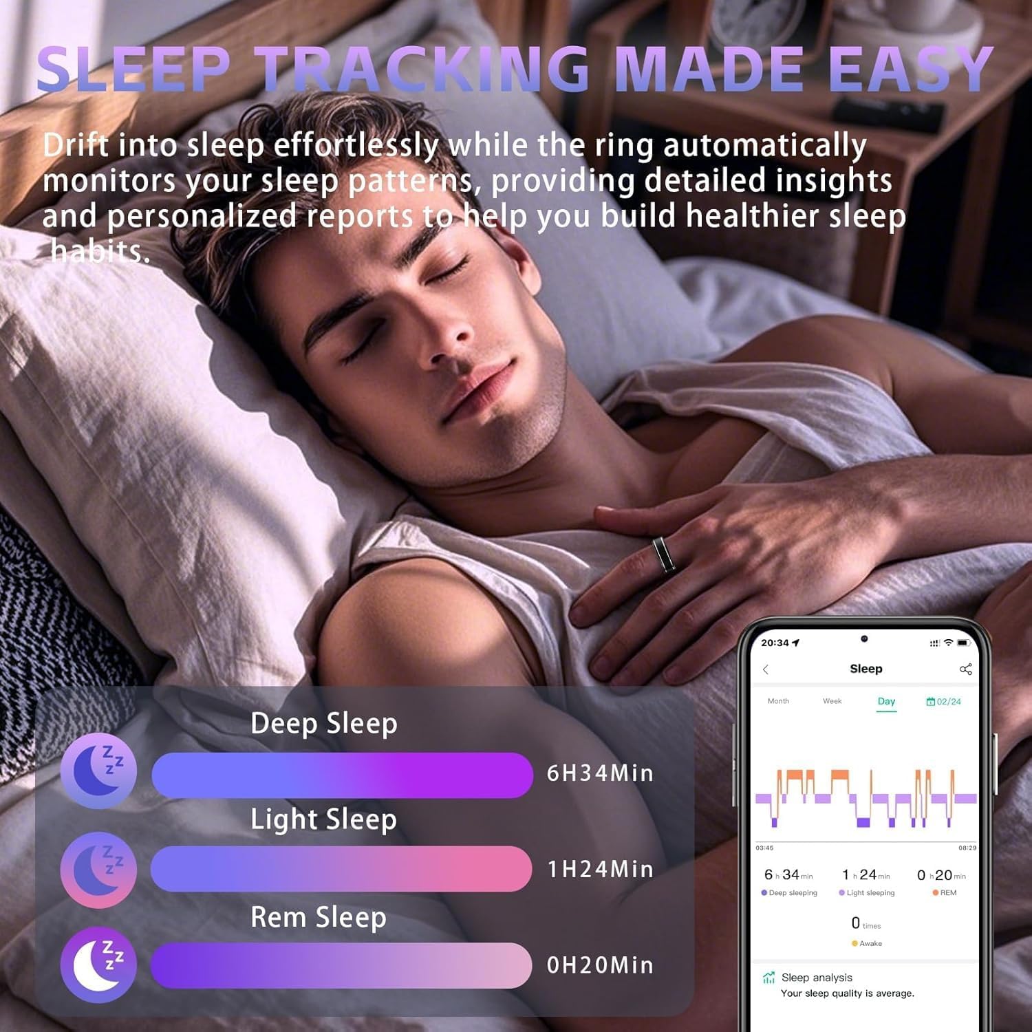 Smart Ring Moniteur de sommeil Moniteur d'oxygène dans le sang Compteur de doigt Moniteur de fréquence cardiaque Moniteur de pression artérielle Moniteur de sommeil Étanche pour le sport, le