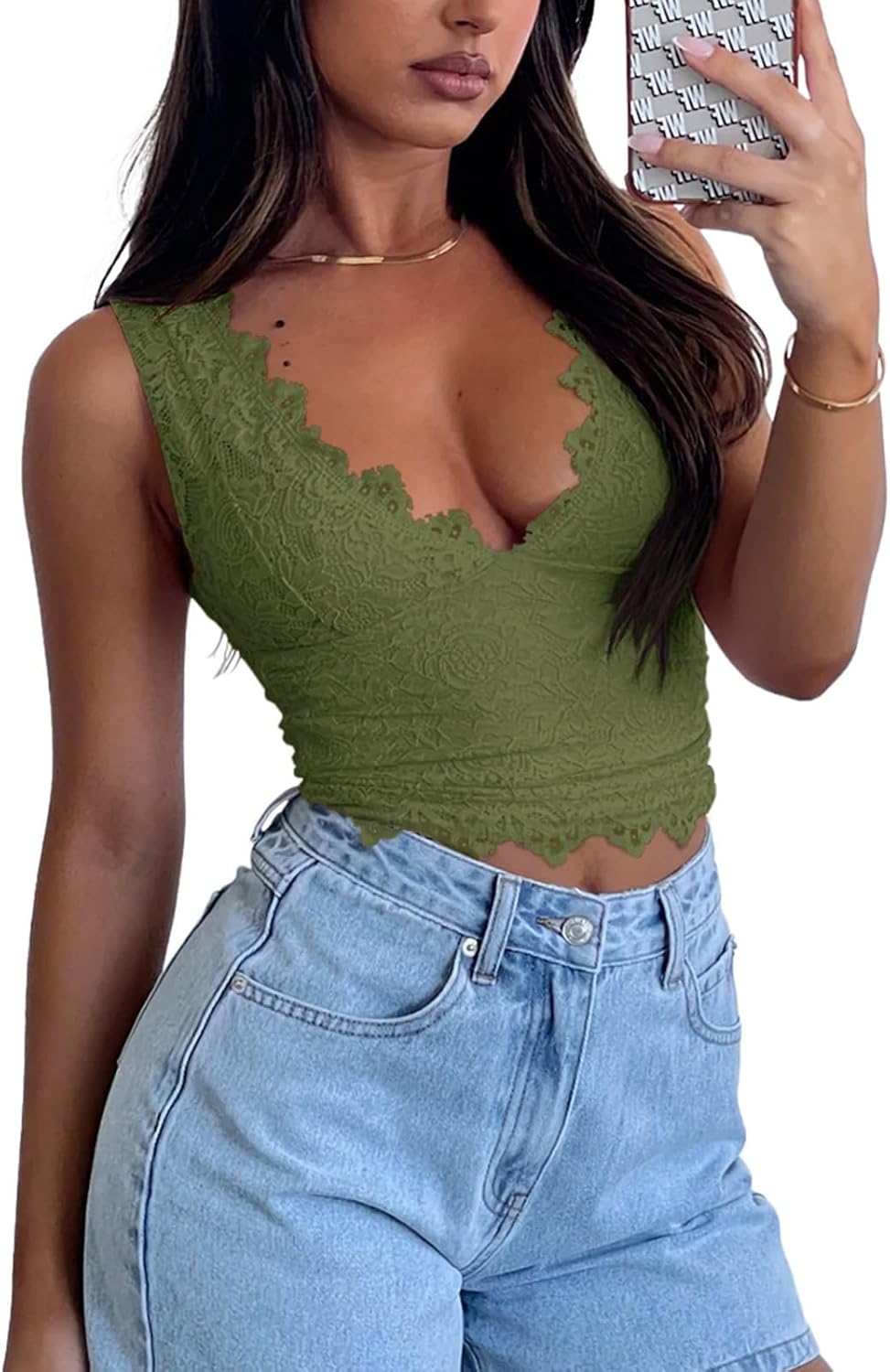 Women Sexy Cropped Lace Top Sleeveless V-Neck Lace Trim Crop Top Slim Fit Summer Tank Top Streetwear - Image 5
