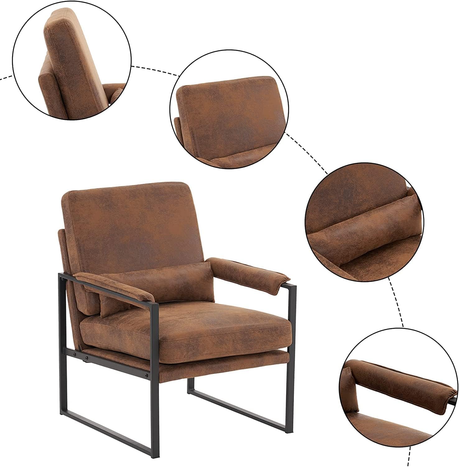 PU Iron Frame Armchairs Room Chairs Retro Leisure Accent Chair with Extra Soft Padded Cushion and Lumbar Pillow Sofa Chairs for Living Room Bedroom Office Study Indoor Leisure Chair (Bronze One)
