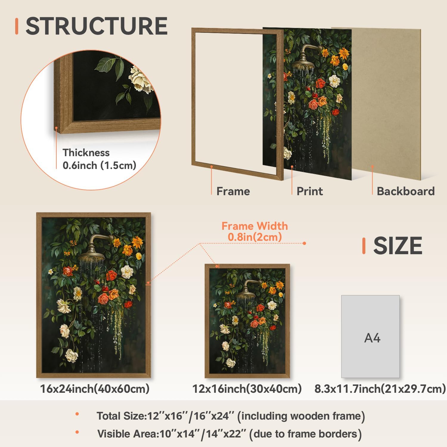 Snlihc Wood Framed Bathroom Wall Art, Romantic Roses Waterfall Wall Decor, Green Vintage Floral Shower Poster Print, Farmhouse Abstract Flower Canvas Painting for Bathroom Home Toilet 12x16 Inch