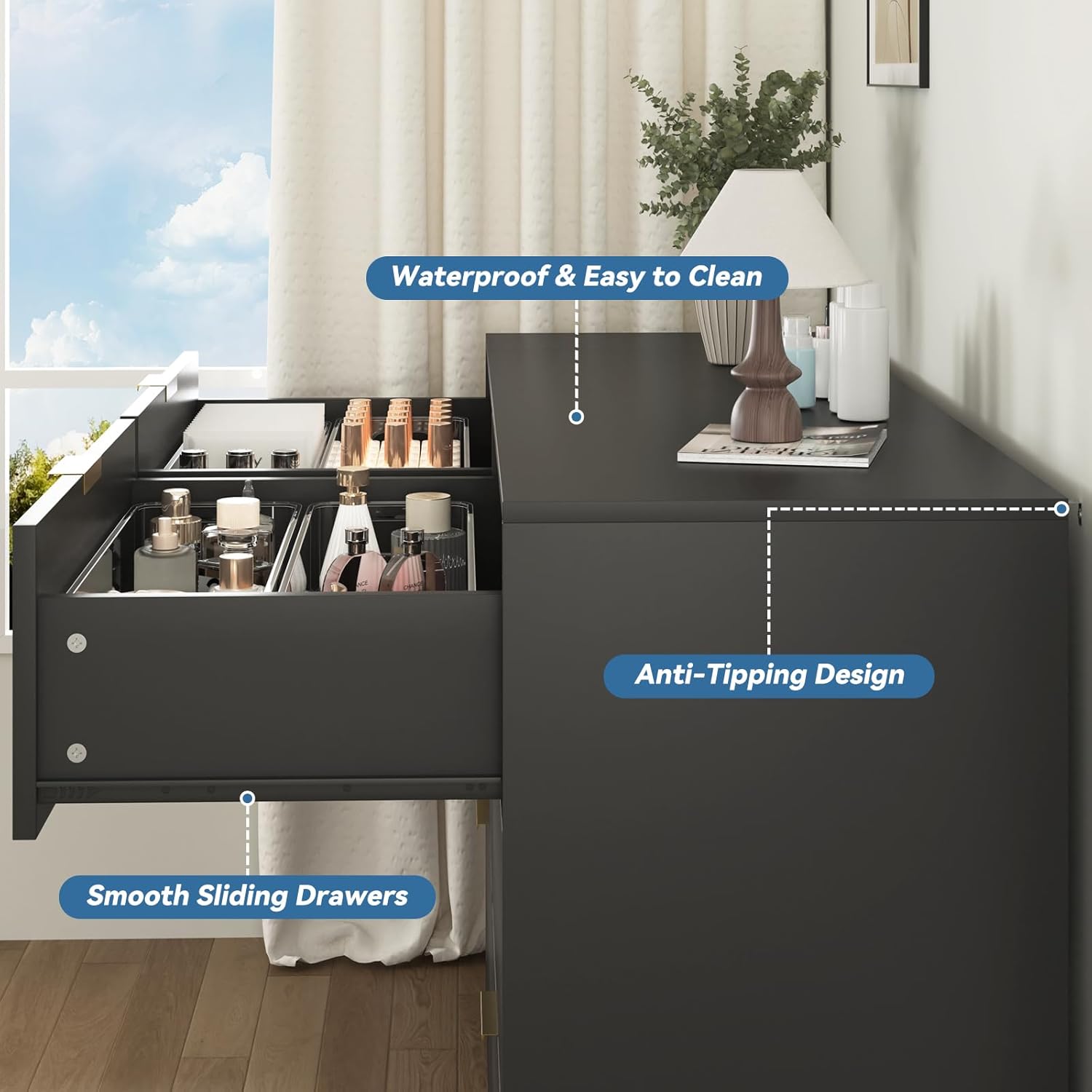 6 Drawers Dresser Storage Cabinet, 47'' Modern Chest of Drawers with Golden Handles, TV Console Stand Organizer with Slide Drawer Design for Bedroom, Living Room, Hallway, Entryway (Black)