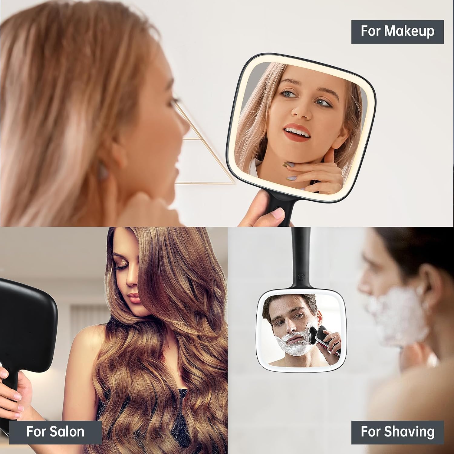 Hand Mirror with 3 Light Color & Dimmable, 6.2'' X 5.9'' Lighted Handheld Mirror, Lightweight & Durable, Portable Compact Travel Mirror for Makeup, Hair Styling, Shaving, Battery Operated