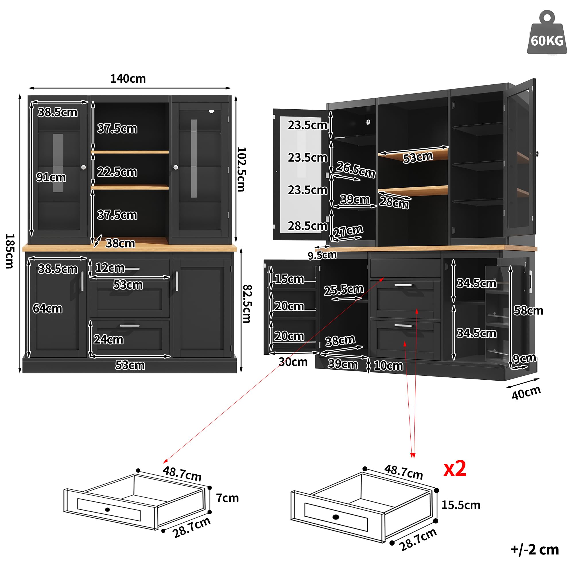 Armoire de cuisine avec plan de travail - Armoire de buffet avec étagères réglables - Éclairage LED contrôlé par application - Armoire haute polyvalente pour cuisine et salon - 140 × 40 × 185 cm (noir