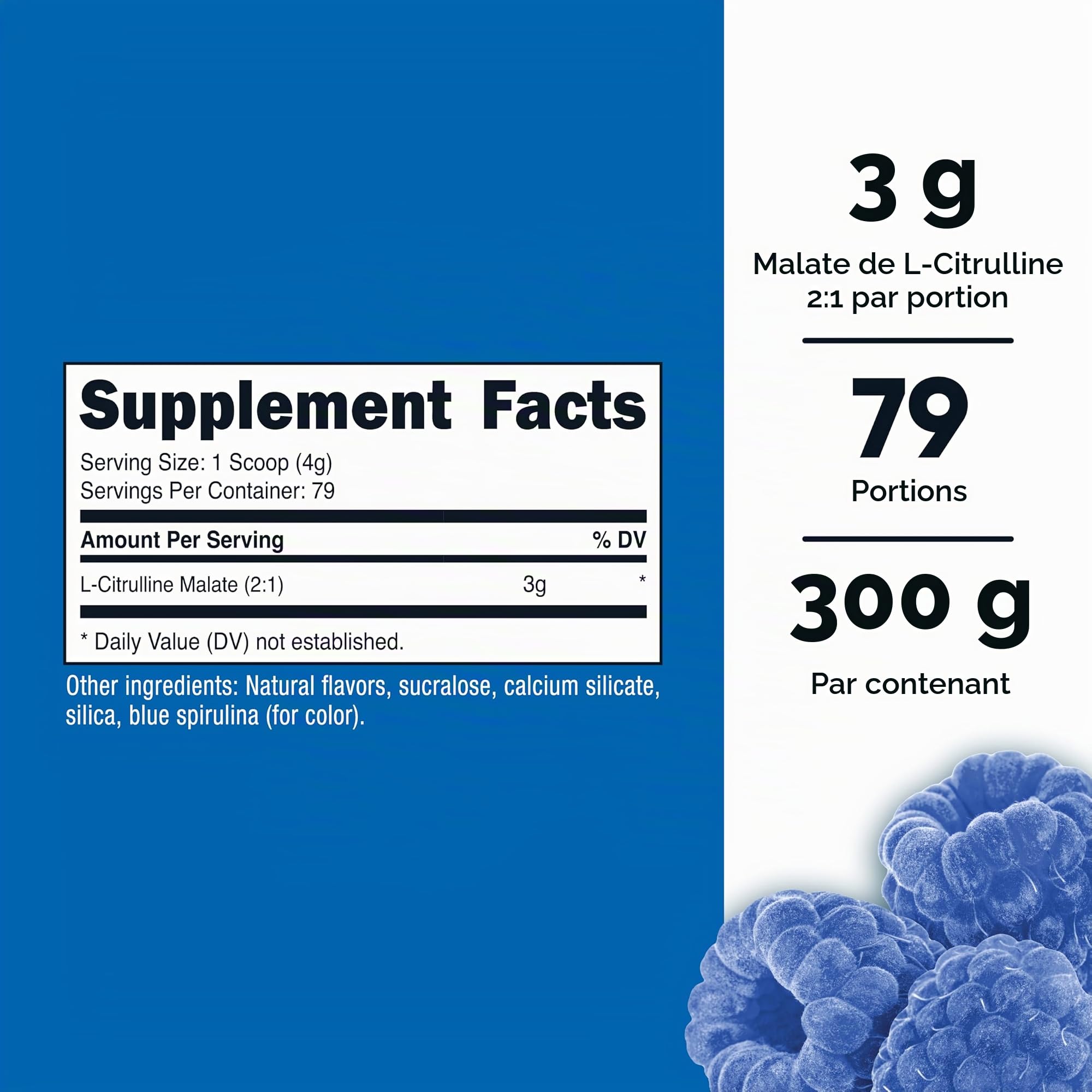 Nutricost Malate de L-citrulline 2:1 - 300 g - 3 g de malate de L-citrulline par portion, sans gluten, sans OGM, végétalien (300 g, framboise bleue)