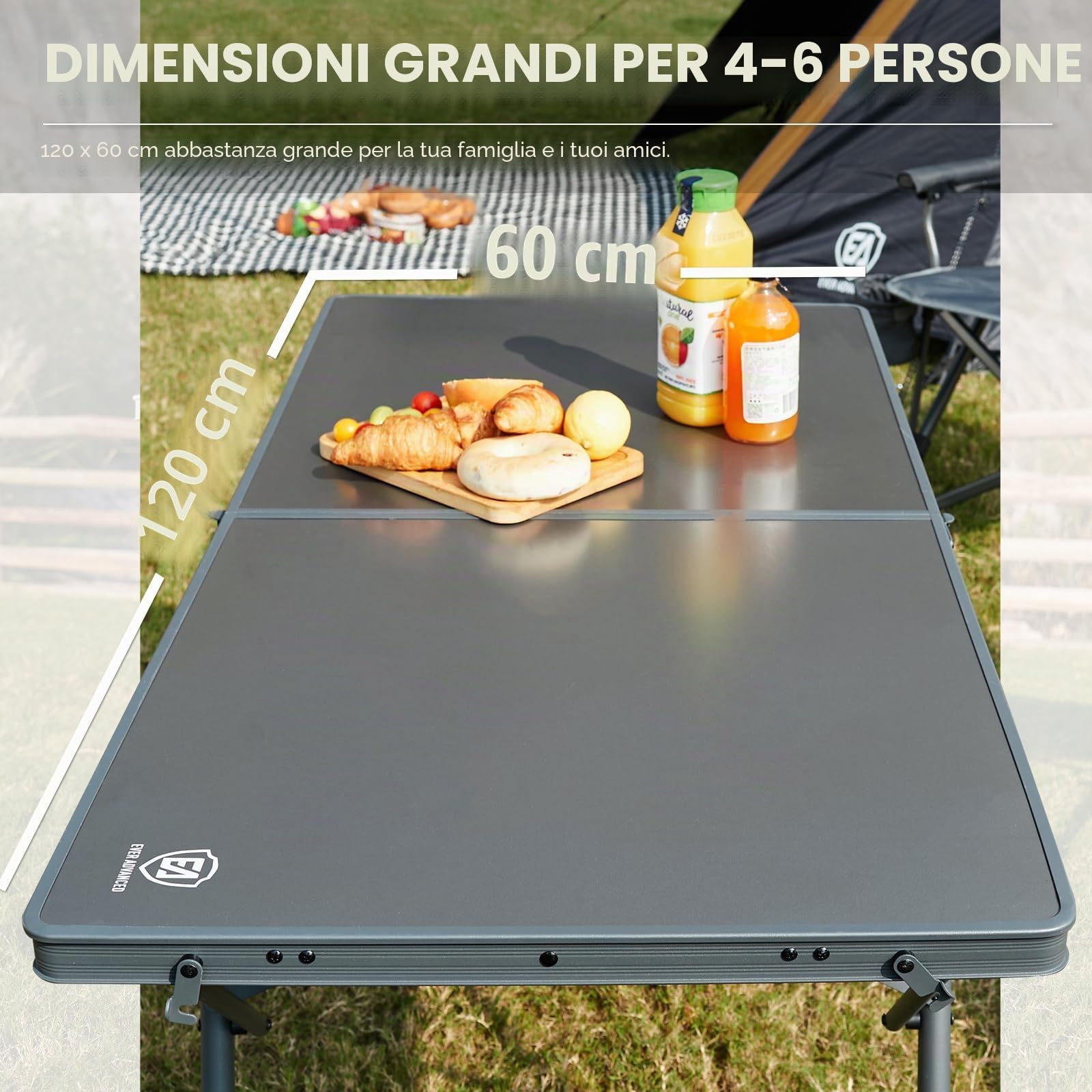 EVER ADVANCED Tavolo da camping pieghevole 120x60cm Tavolo pieghevole XL per 4-6 persone Tavolo pieghevole fino a 60kg con borsa da trasporto Struttura stabile per camping picnic giardino balcone