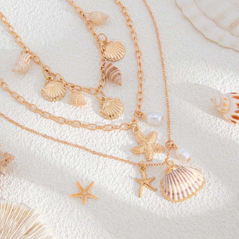 Boho Layered Starfish Conch Shell Necklace for Women, Dainty 14K Gold Seashell Pearl Choker Chain Necklaces Beach Holiday Y2K Jewelry Accessories Gifts - Image 5