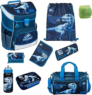 Familando Boys School Bag 1st Class · Scooli Campus Fit School Bag · Ergonomic & Lightweight · School Bag Set for Boys and Girls, Jurassic World Dinosaur Dark Blue, 9-piece set with sports bag