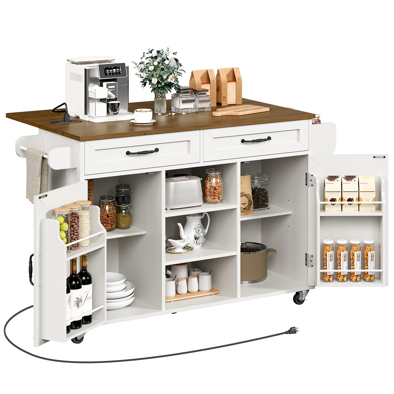 RALGEND Kitchen Island with Storage, Power Outlet & Drop Leaf