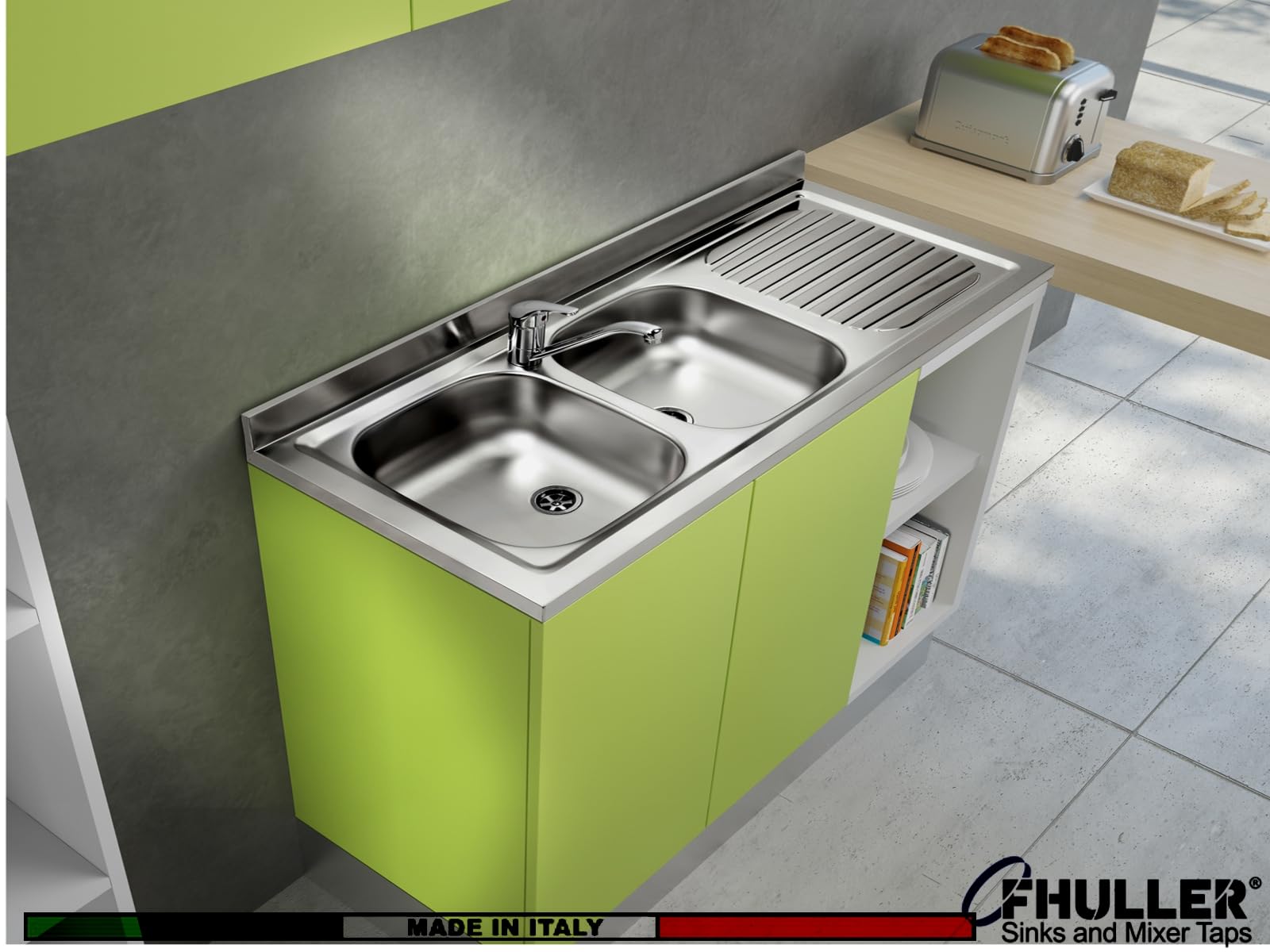 Lavello FHULLER Monostampo Da Appoggio 120X50 In Acciaio Inox AISI 304 Con Due Vasche a SINISTRA e Gocciolatoio a DESTRA Per Sottolavello da 120 Cucina Componibile Modello Pisa PI1202MRPC