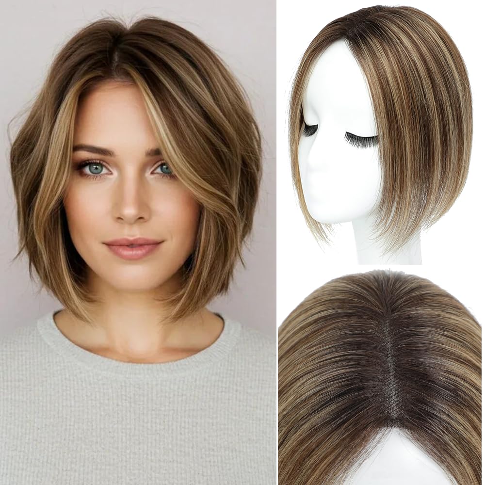 Lagomance Hair Toppers with Thinninghair 100% Real Human Hair Topper for Women 10inch Medium Brown Mix Blonde with Dark Brown Root Toppers 120% Density top toppee for ThinningHair4T427