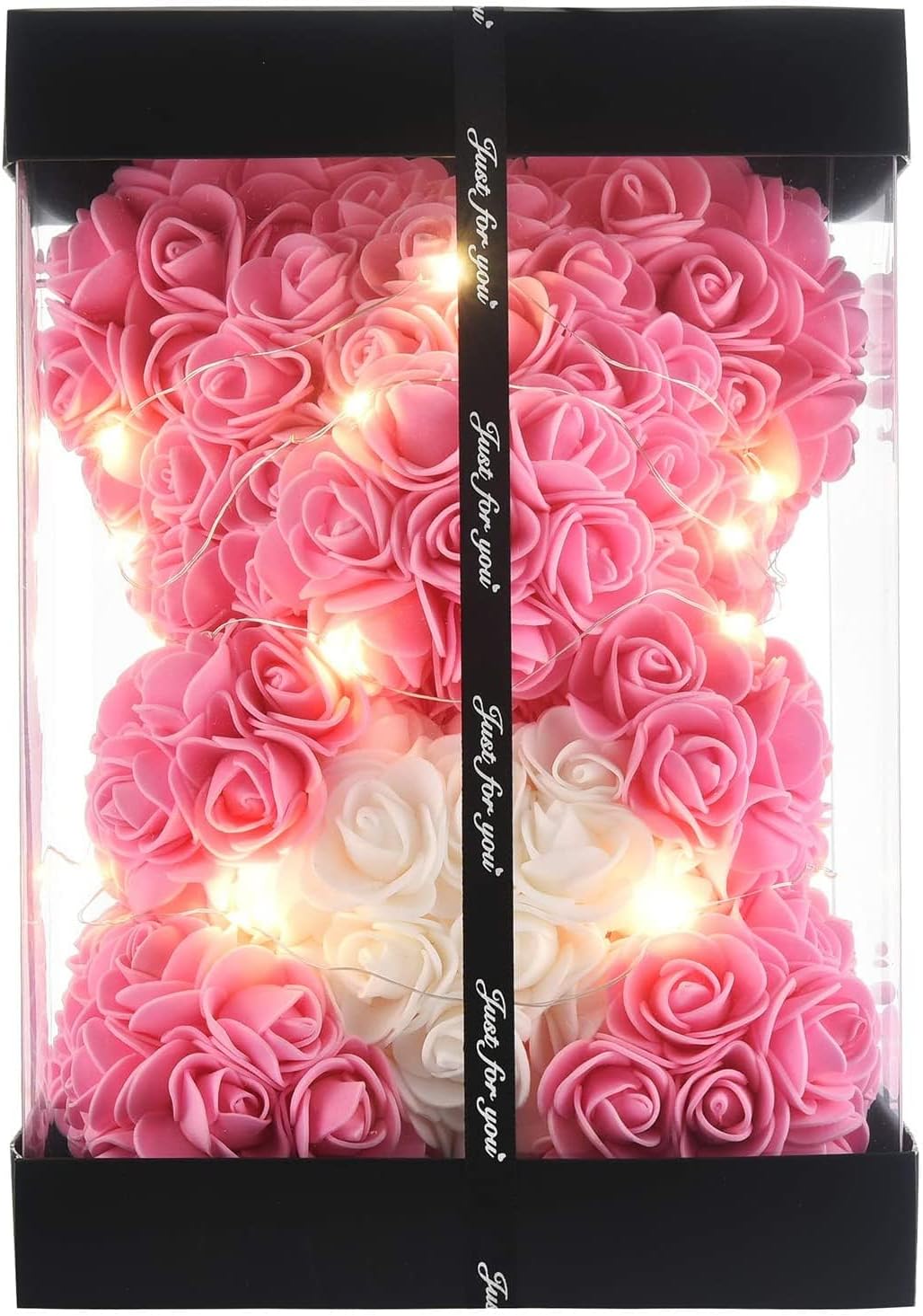 Rose Flower Bear-Hand Made Rose Teddy Bear,Best Artificial Decoration Gifts for mom, Girls,Unique Birthday,The Perfect Party Clear Gift Box (Pink)