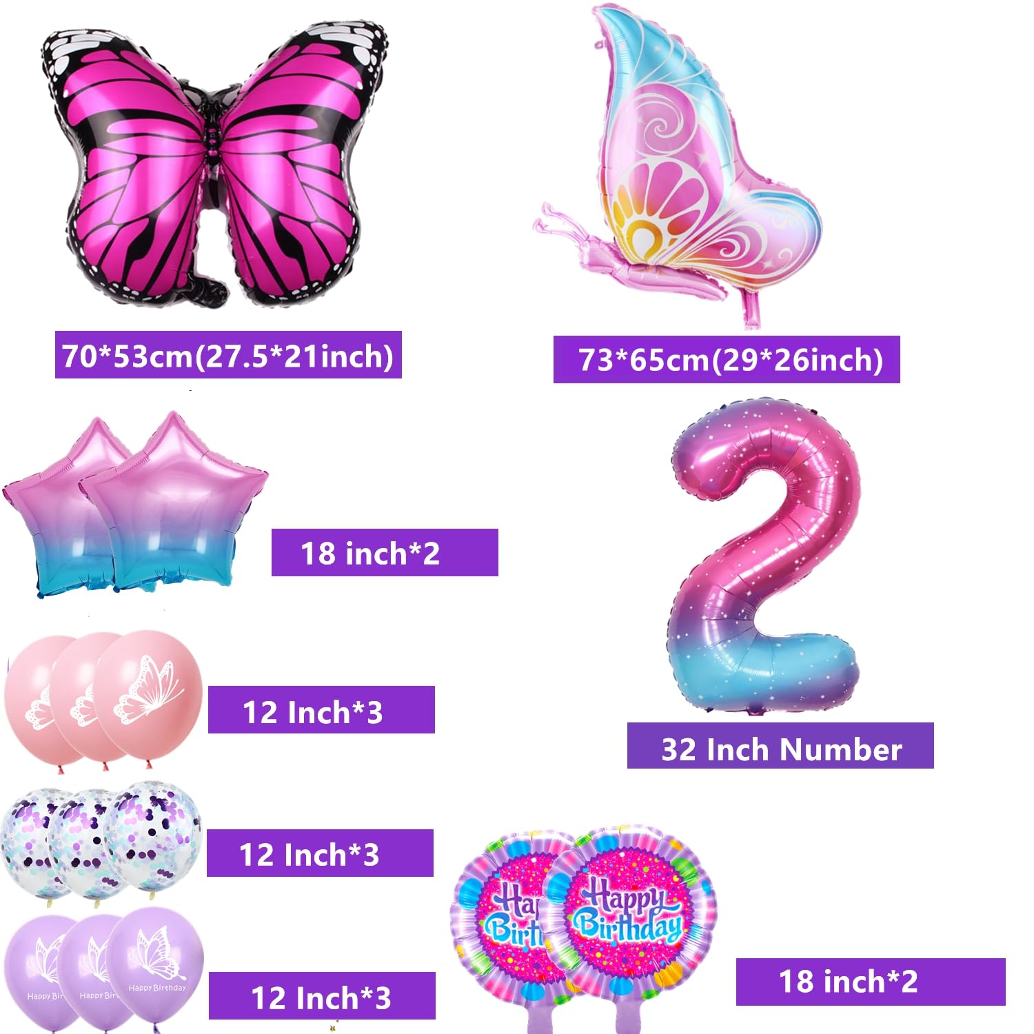 2. Geburtstag Deko Set „Schmetterling“ – Inkl. Folienballons, Banner, Luftballons & Tortendeko