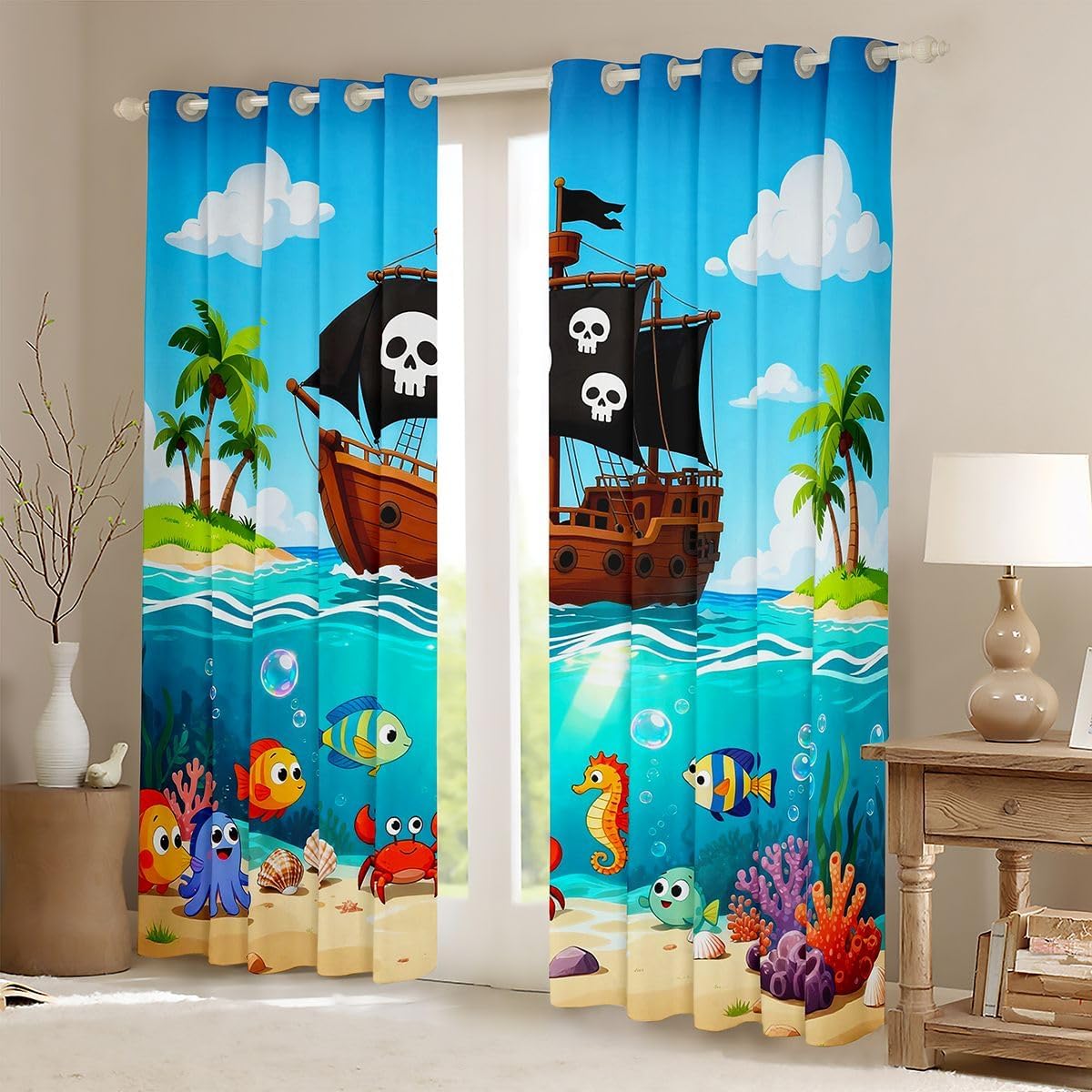 Castle Fairy Pirate Ship Window Curtains Cartoon Fish Crab Wild Sealife Window Drapes for Kids Boys Girls Blue Sky Sea Tropical Coconut Trees Curtains for Living Room 2 Panels 52Wx96L