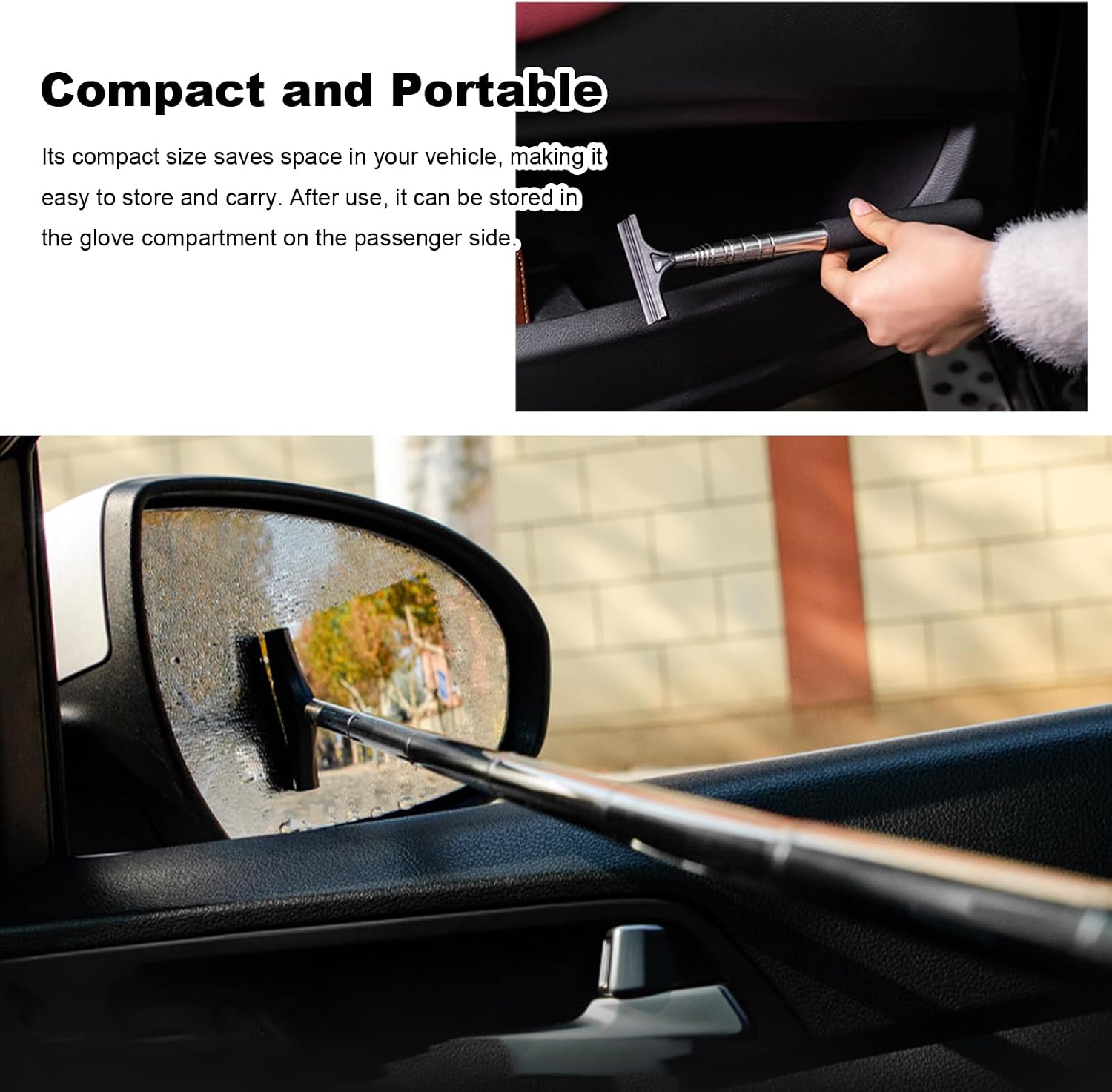 2 PCS Car Rearview Mirror Wiper, Multifunctional Auto Glass Squeegee with Retractable Long Rod, Portable Water Mist Snow Wiper Side Mirror Cleaning Tool for Most Vehicles (Pink, 1PC)