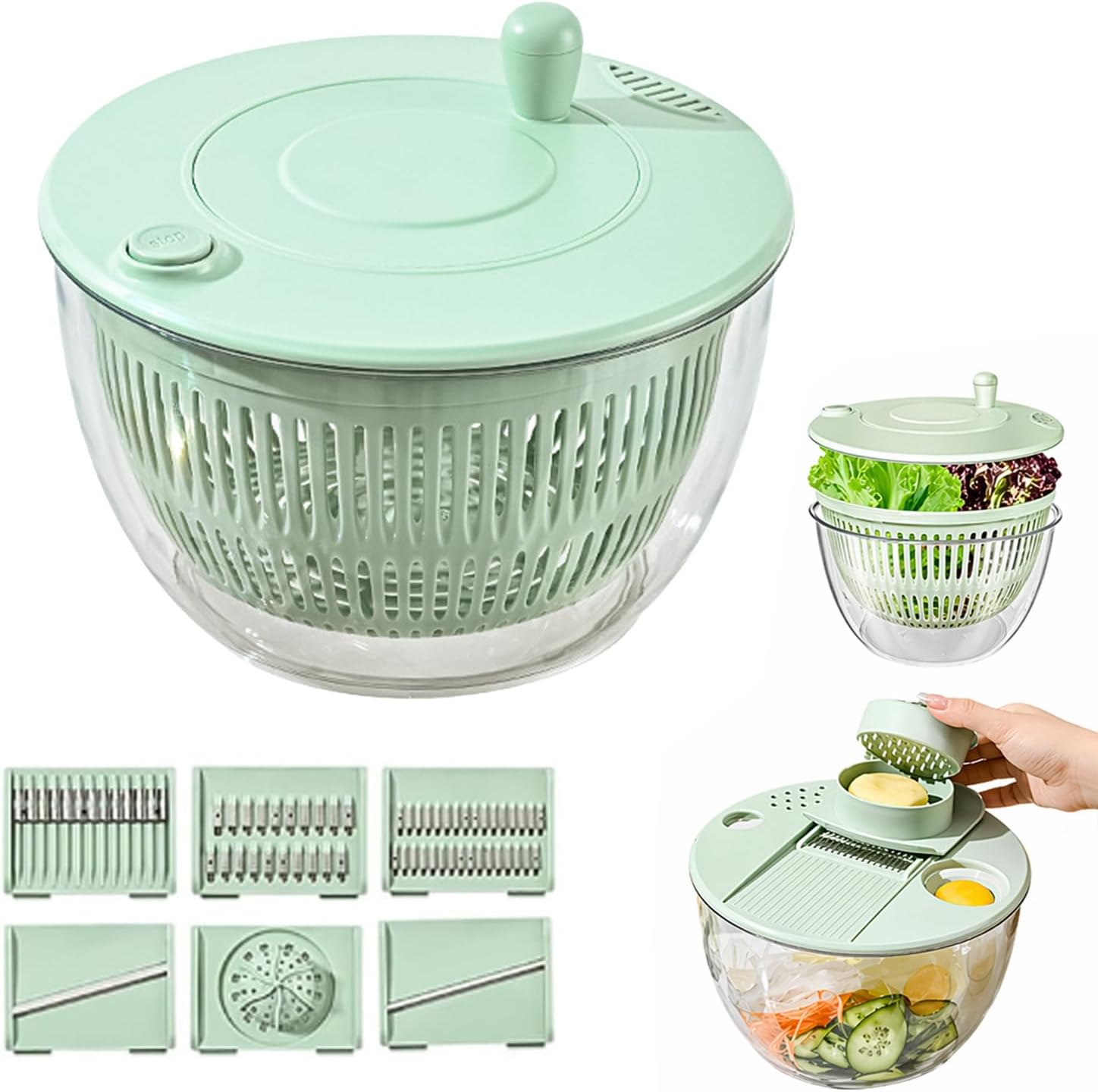 Hand-Cranked Fruit & Vegetable Dehydrating Basket, Slices, Shreds, and Spins Dry, with 6 Types of Cutter Heads, 5L Large Lettuce Washer, Manual spinning design helps remove moisture for quick (1 SET)