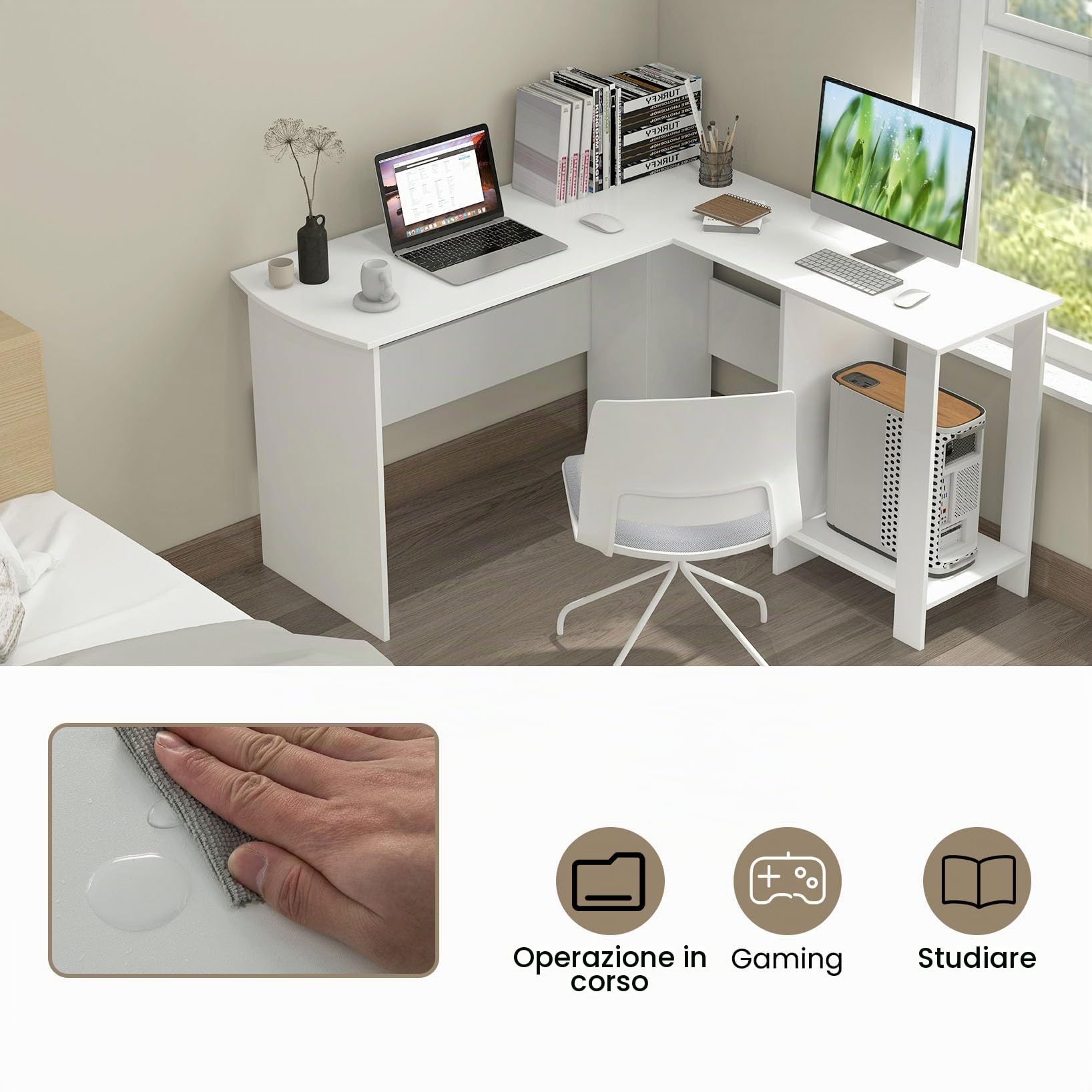 LIFEZEAL Scrivania Angolare a L, Grande Scrivania da Ufficio ad Angolo per 2 Persone, Postazione di Lavoro Porta Computer, Salvaspazio, Ripiano Rimovibile, per Casa, Ufficio, Studio (bianco)