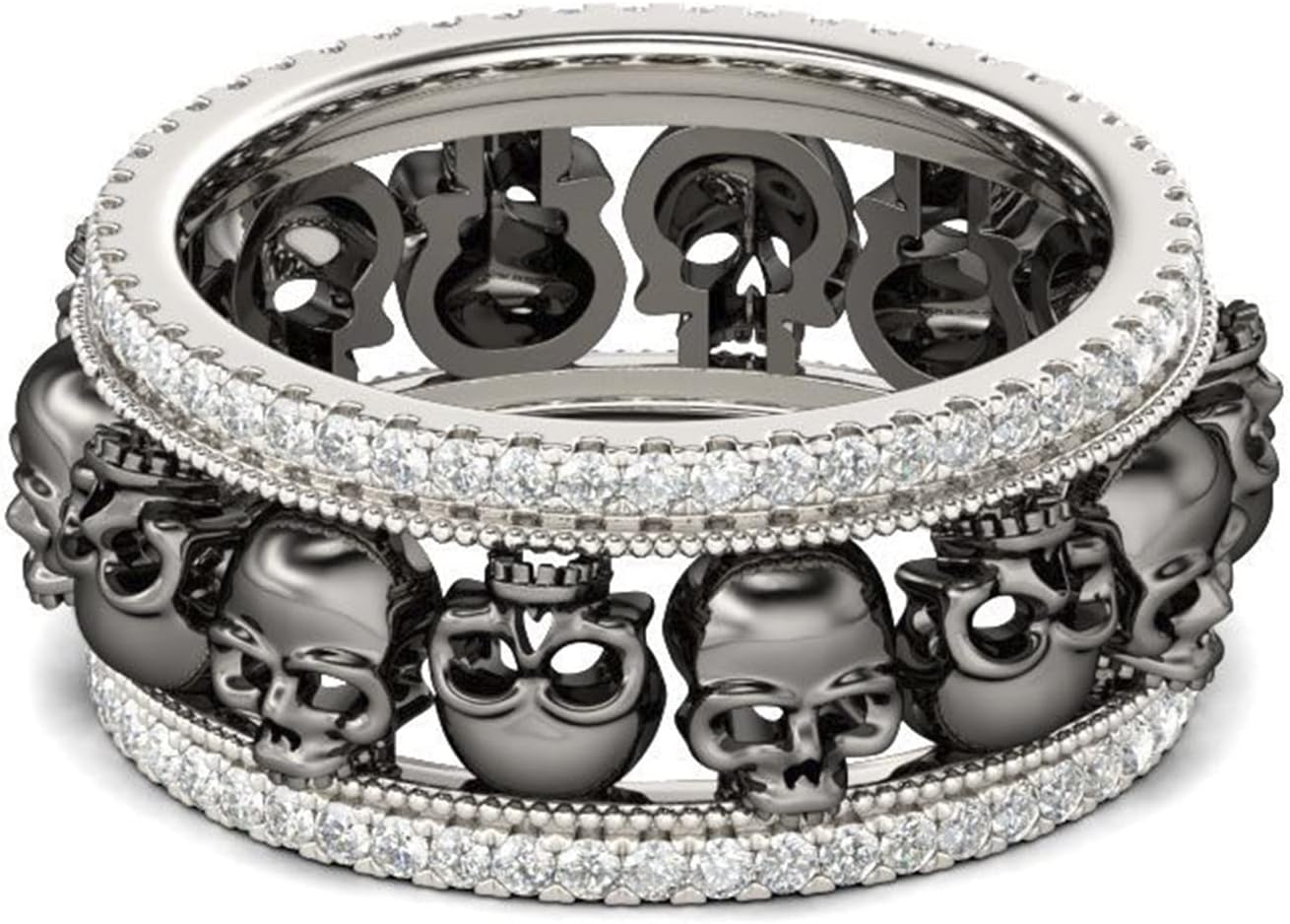 Jeulia Black Skull Rings for Women Mens Sterling Silver Biker Band Style Rings Two Tone Plated Stackable Wedding Bands White Diamond Bridal Set Engagement Anniversary Promise rings for Her