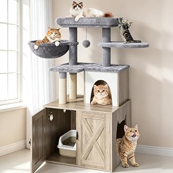 HavenlyYouth Litter Box Enclosure with Cat Tree,Cat Tree with Litter Box Enclosure,Hidden Pet Washroom Furniture with Sisal Scratching Post,Hammocks,Condo,Multiple Platform,Soft Plush Perch, Grey
