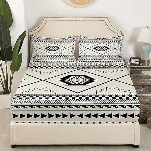 Miniatura 2 de Sábana bajera ajustable para niños con estampado azteca, tamaño individual, juego de ropa de cama de retazos geométricos de flechas, decoración de