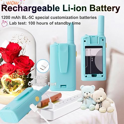 Miniatura 3 de POKPOW Walkie Talkies recargables para niños, 22 canales, juguete de radio de 2 vías con batería de litio de 3 x 1200 mAh, linterna LCD