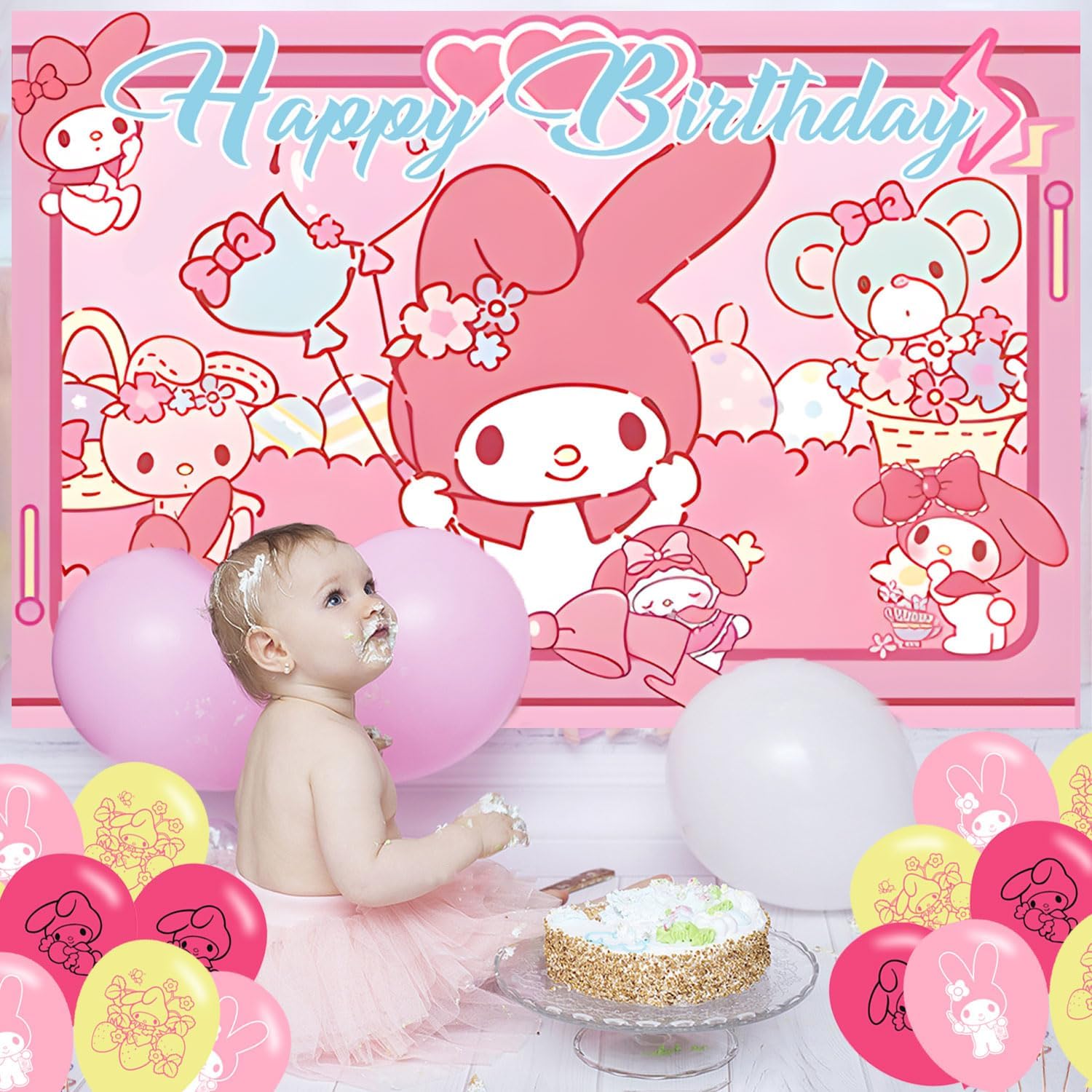 My Cute Melody Birthday Decorations,Cute Melody Backdrops for Party Decorations Supplies, Happy Birthday Banner Backdrop for Party Supplies (5x3ft) - Image 5