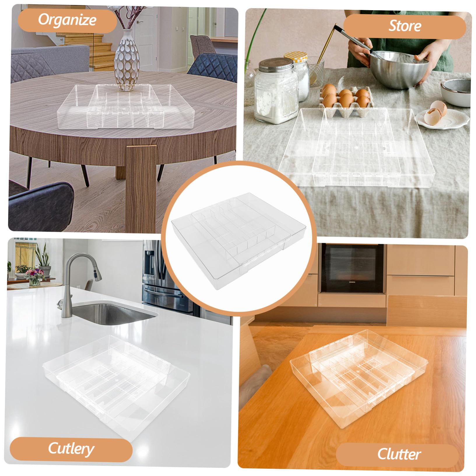 Organizador de Cubiertos de Cocina Extensible Mediano, Caja Acrílica Transparente Compartimentos para Utensilios y Almacenamiento en Cajones, Adecuado para Cocina, Baño y Oficina