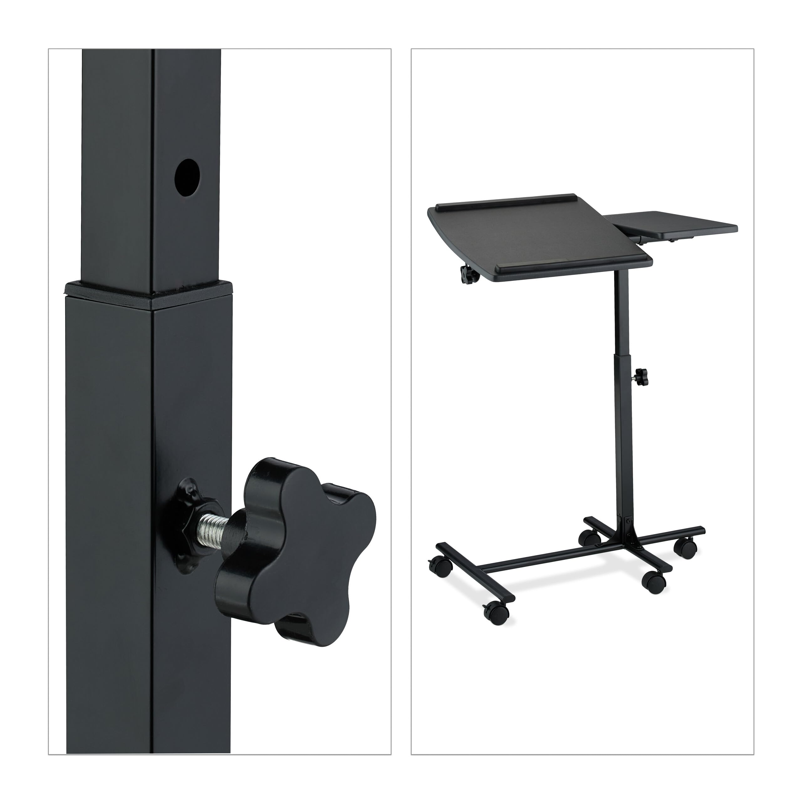 Relaxdays Mesa de Portátil para Cama, Altura Ajustable, con Ruedas, Tablero Inclinable, 65–85 x 61 x 40 cm, Negro