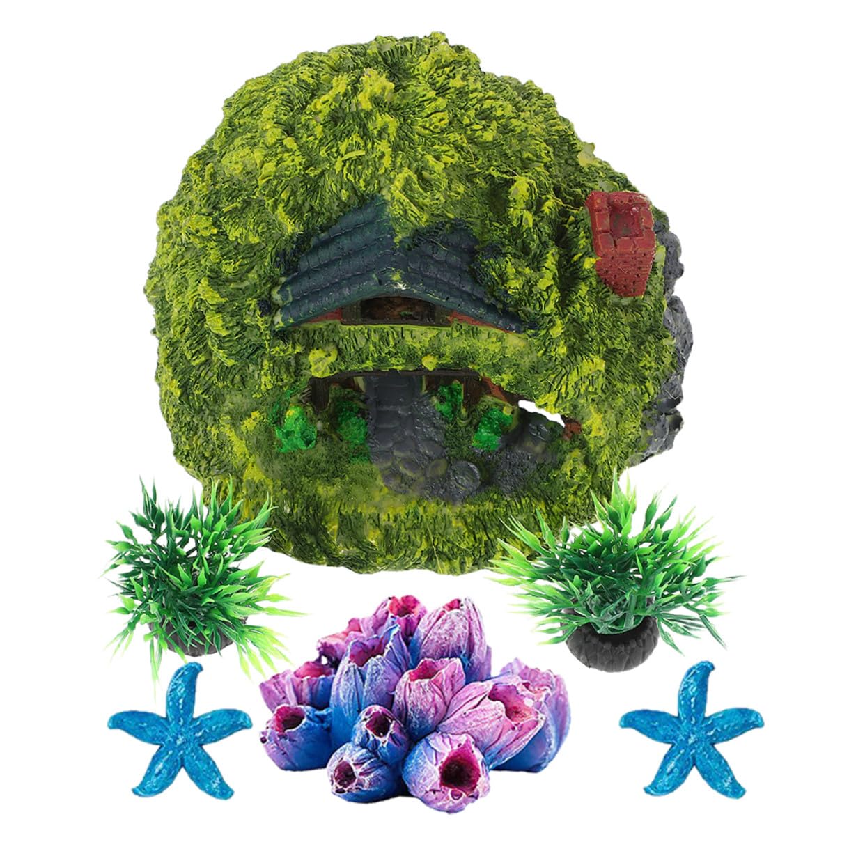 GARVALON Aquarium Shrimp Hideout and Reptile Cave Resin Ornament Set Small Dual-Layer House with Coral Decorations Fish Tank